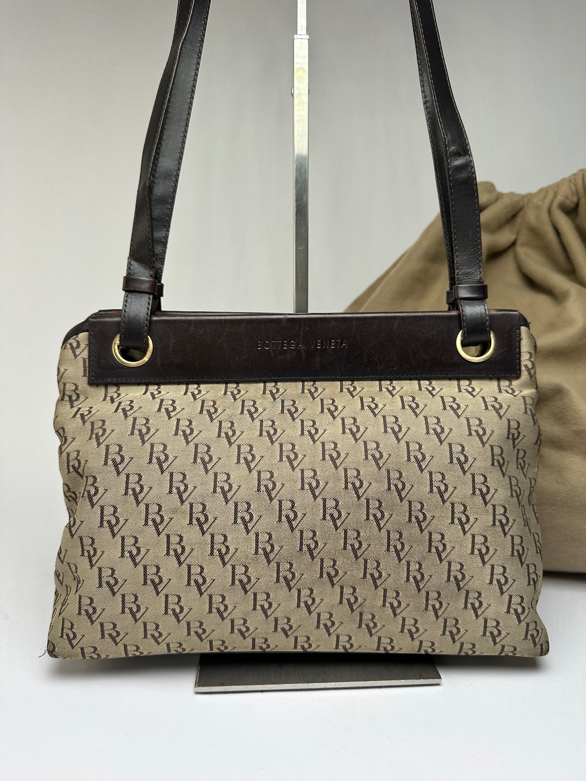 Vintage Bottega Veneta Monogram Canvas Top-Handle Bag Beige Brown