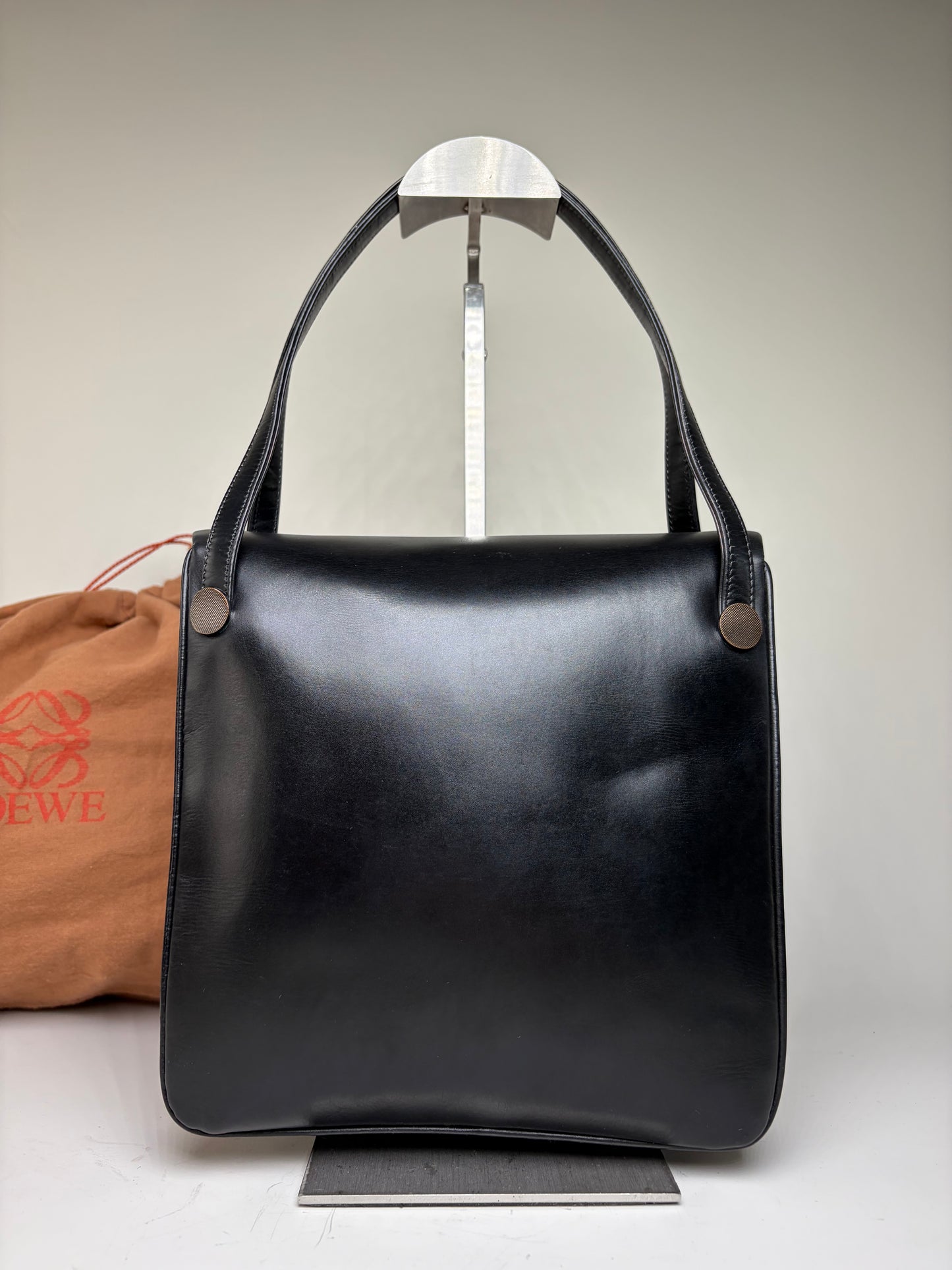 Vintage Loewe Structured Leather Top-Handle Bag Black Silver