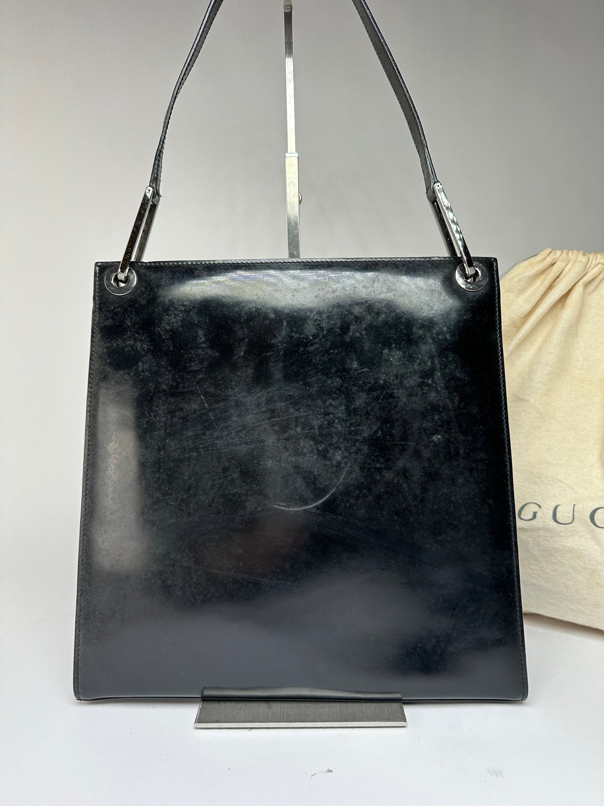 Vintage Gucci Patent Leather Tote Black Silver