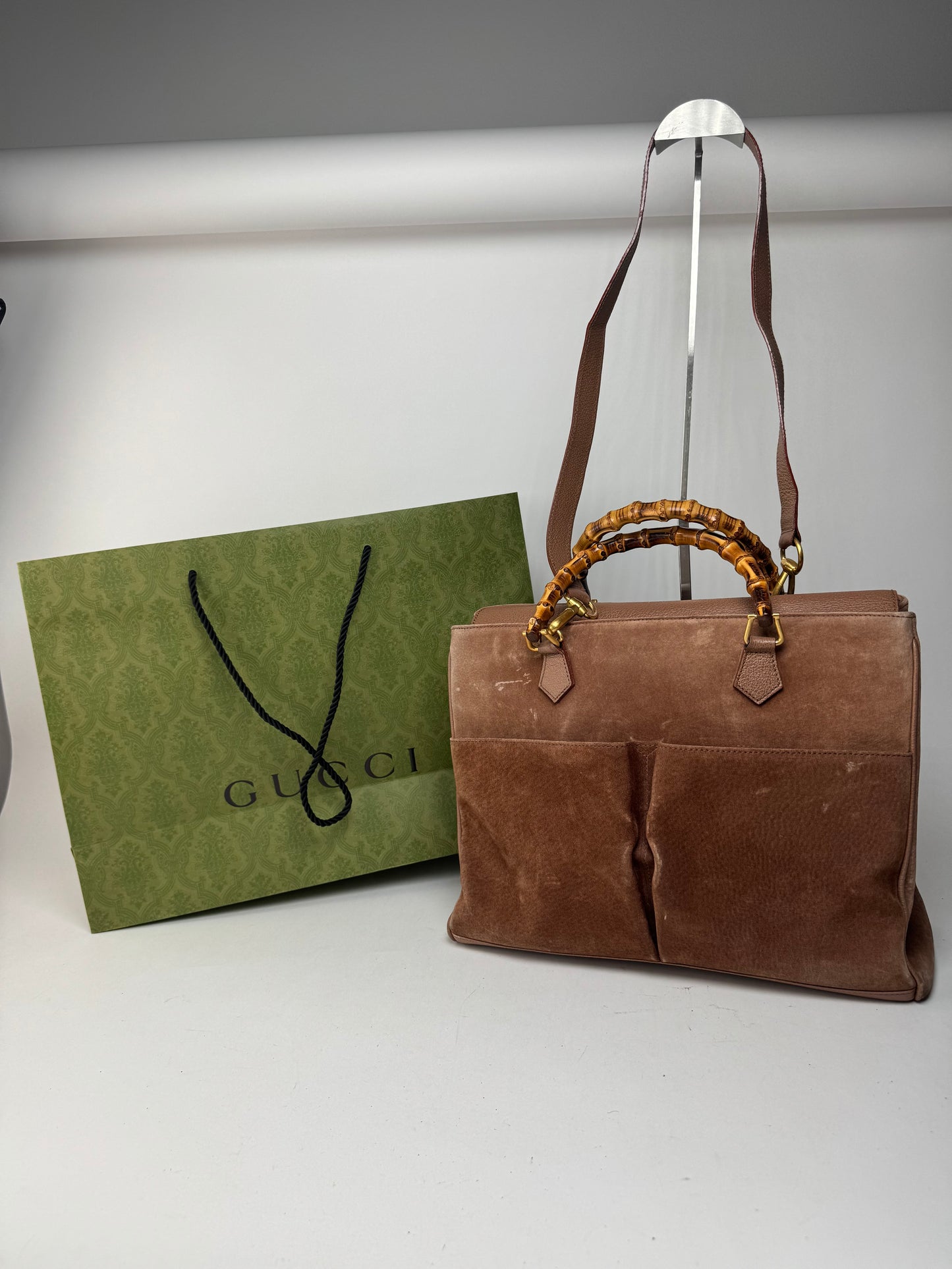 Sac vintage Gucci en daim et bambou à 2 voies marron