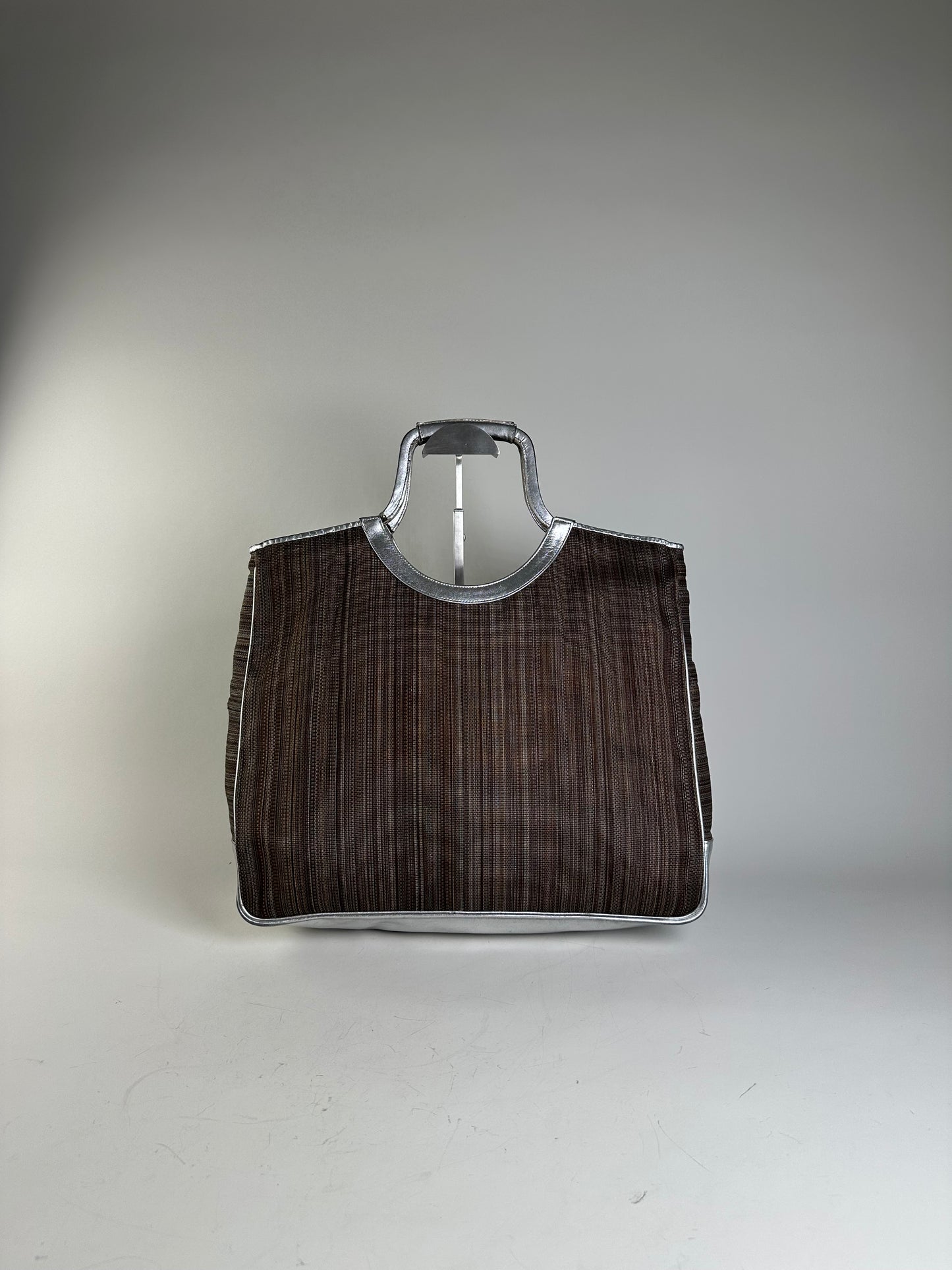 Vintage Etro Woven Fabric Tote Bag Brown Silver