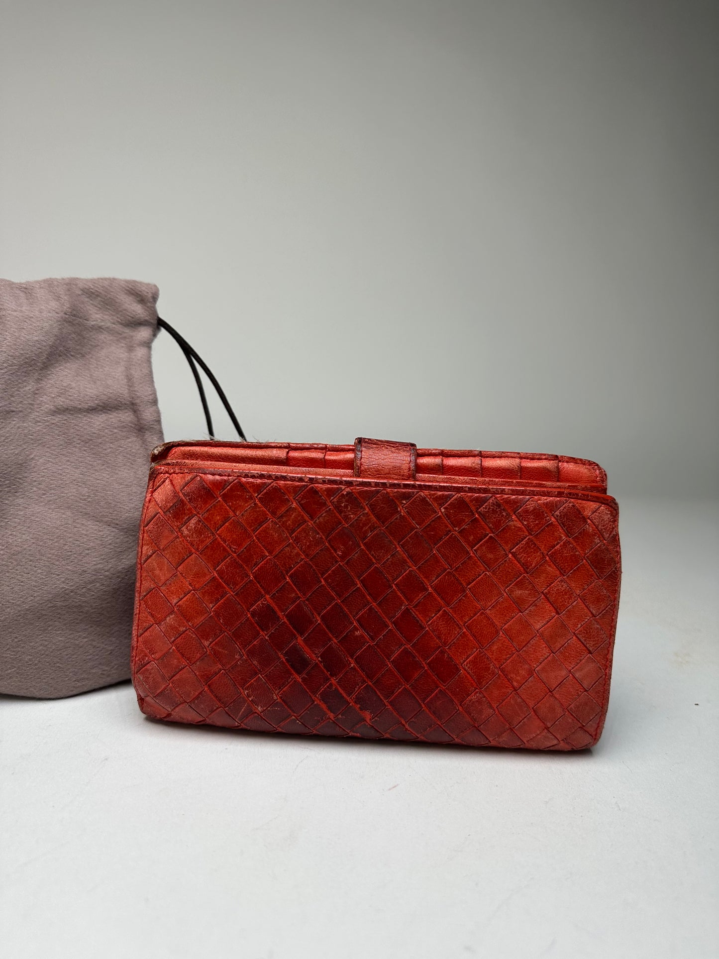 Vintage Bottega Veneta Inteecciato Leather Wallet Red