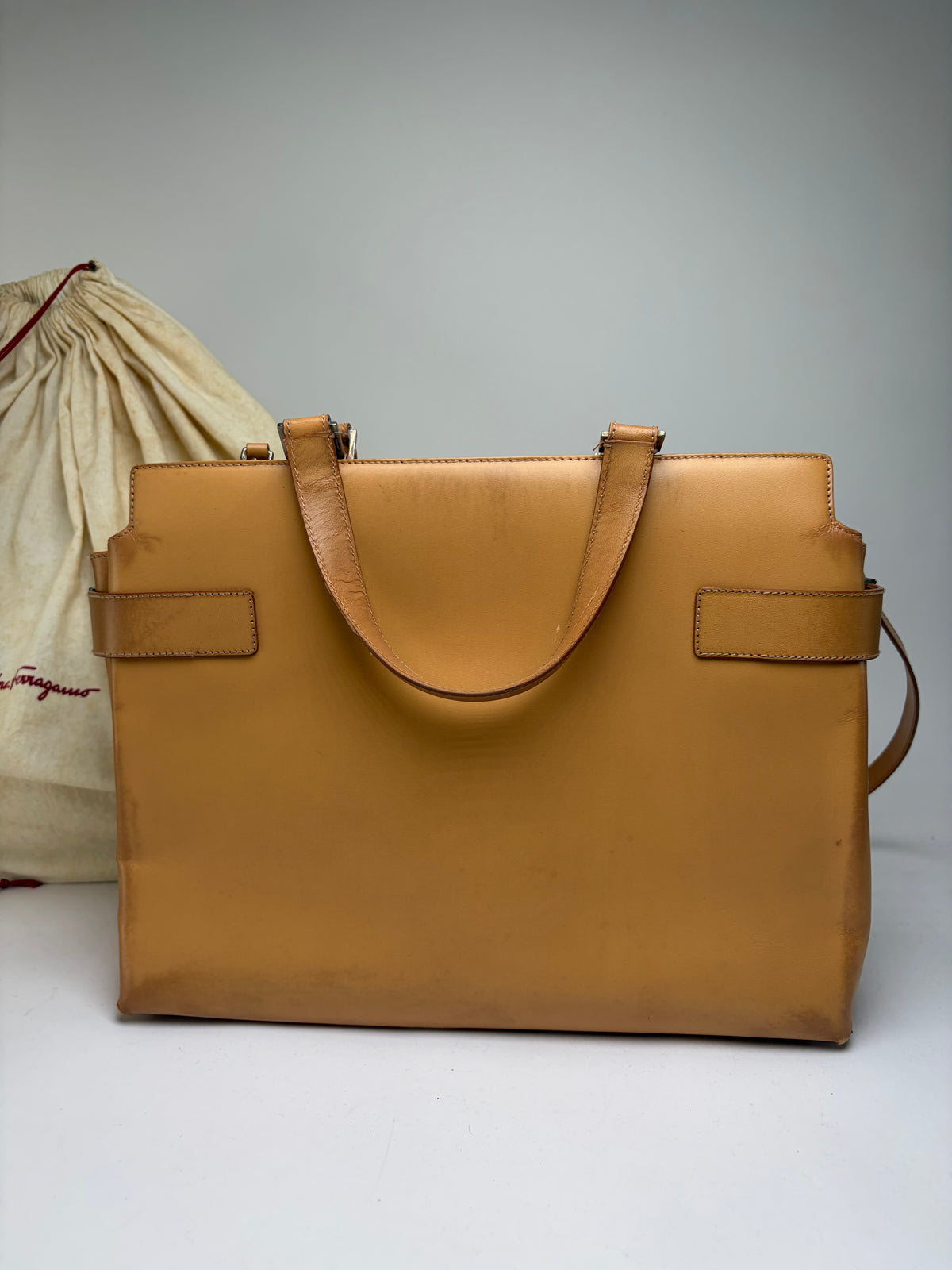 Vintage Salvatore Ferragamo Structured Leather Top-Handle Bag Late 2000s Tan