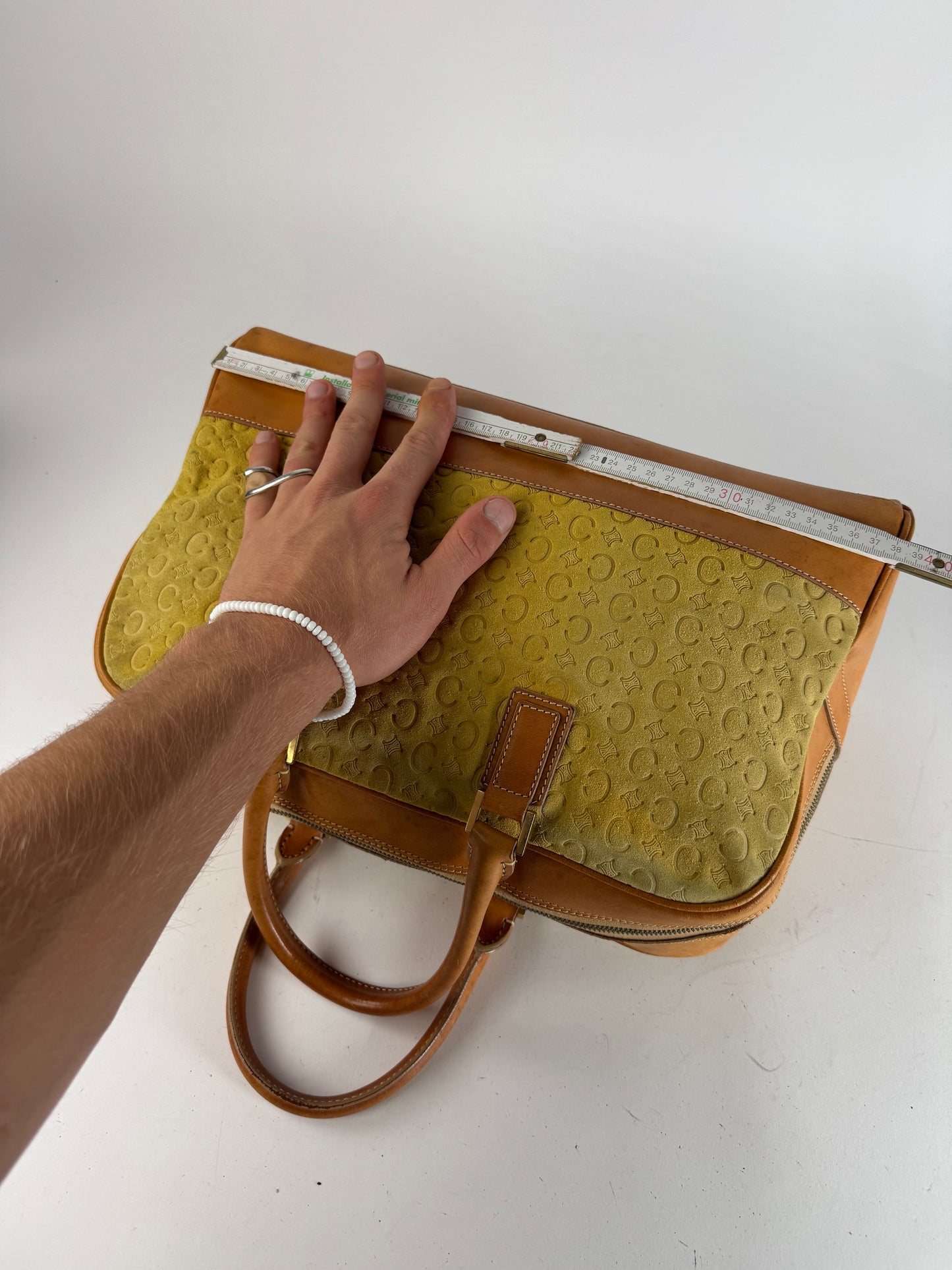 Vintage Celine Paris Macadam Monogram Weekender Duffel Bag Brown Yellow