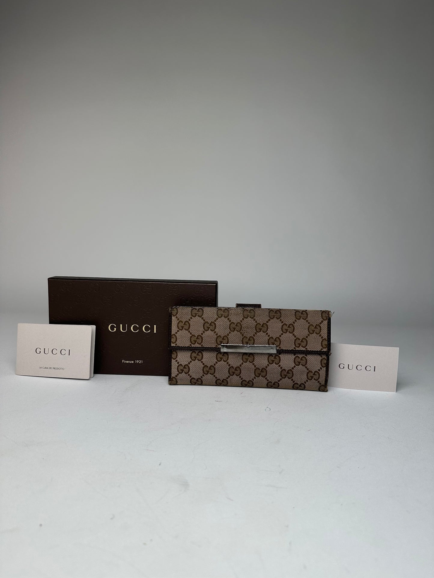 Vintage Gucci Canvas Leather Monogram Long Wallet Beige Brown