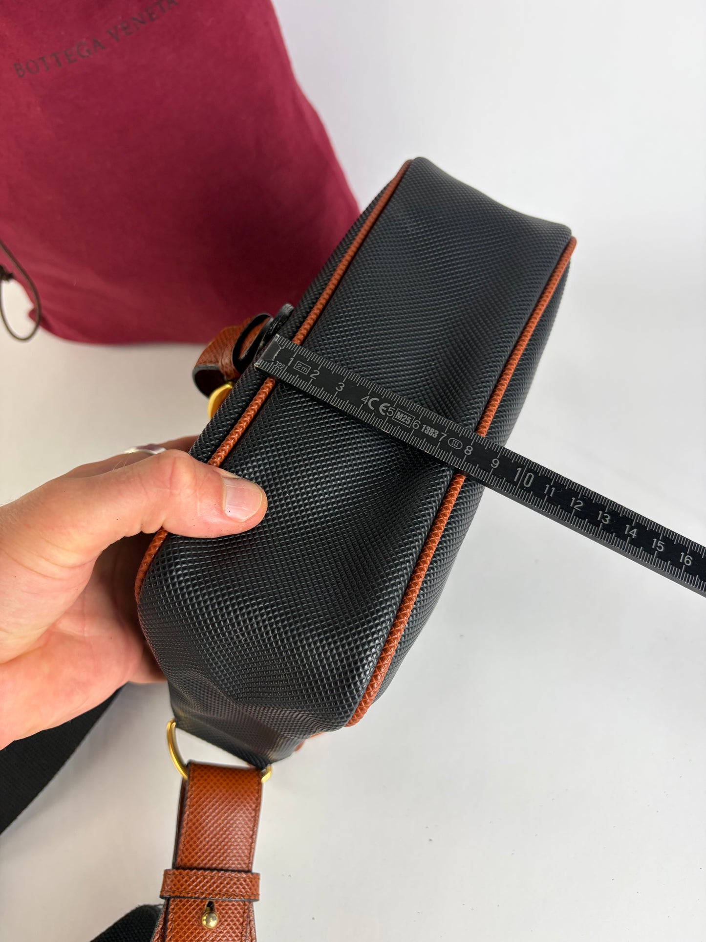 Vintage Bottega Veneta Textured Nylon Flap Crossbody Bag Black Orange