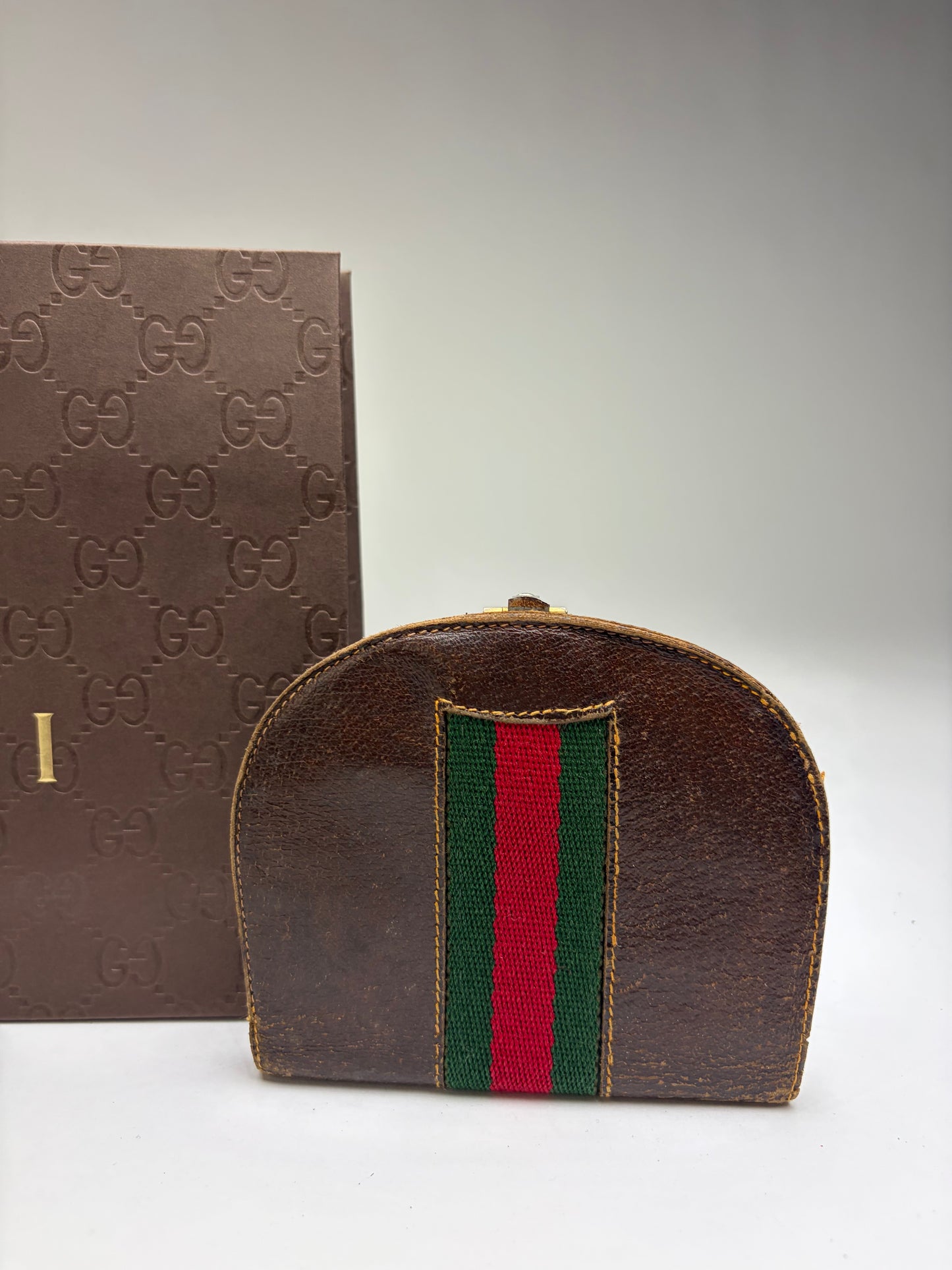 Vintage Gucci Web Stripe Leather Coin Purse Brown Gold