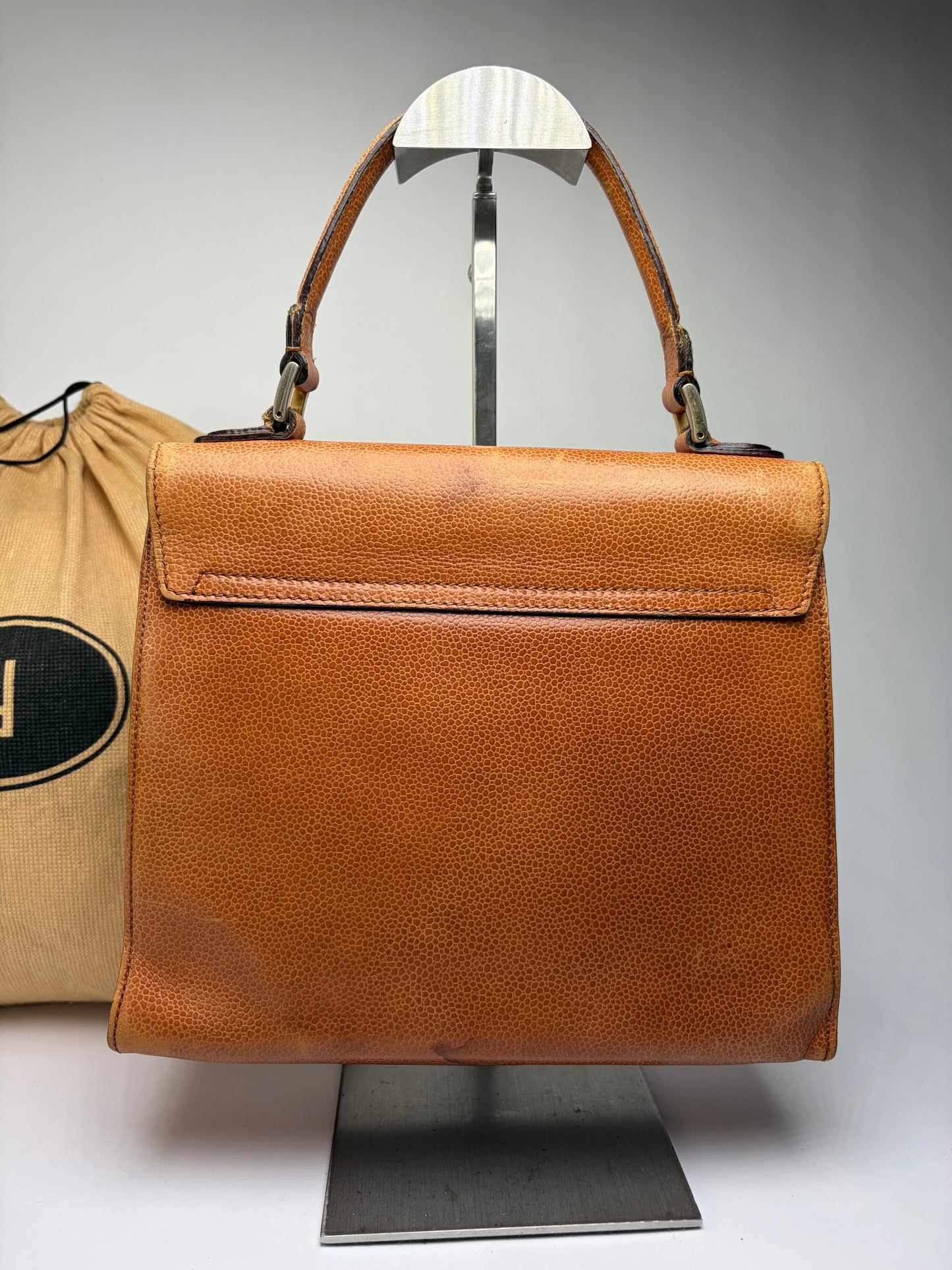Vintage Fendi Textured Leather Top-Handle Bag Brown Gold