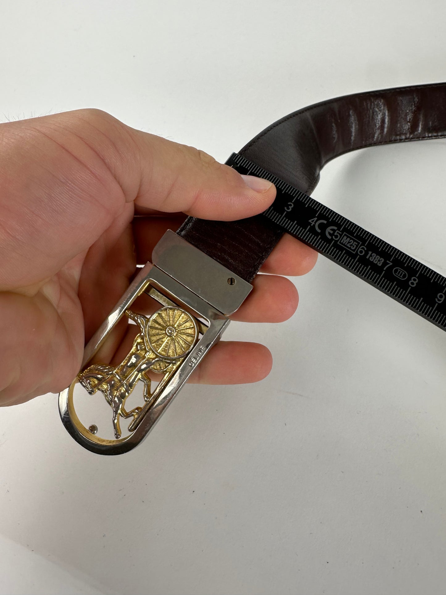 Vintage Celine Cowhide Leather Belt Y2K Dark Brown Gold