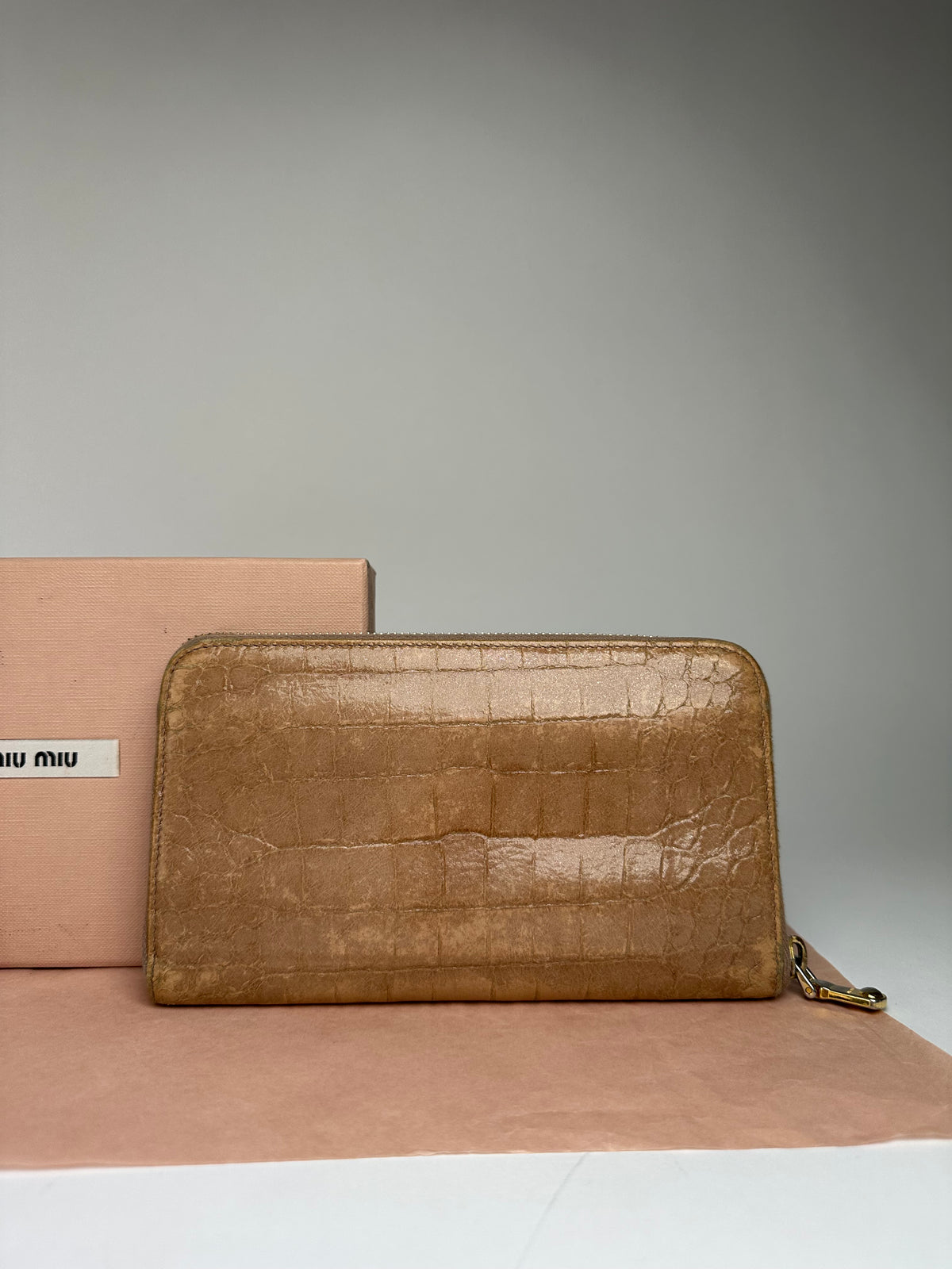 Vintage Miu Miu Crocodile-Effect Leather Zipper Wallet c. Late 2000s Tan