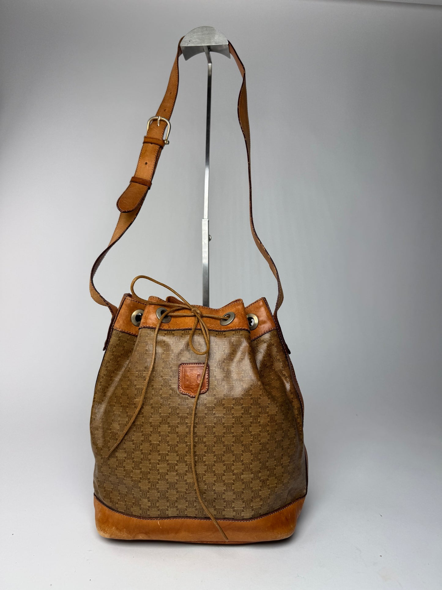 Vintage Celine Monogram SAC Seau Patent Leather Bucket Bag Brown
