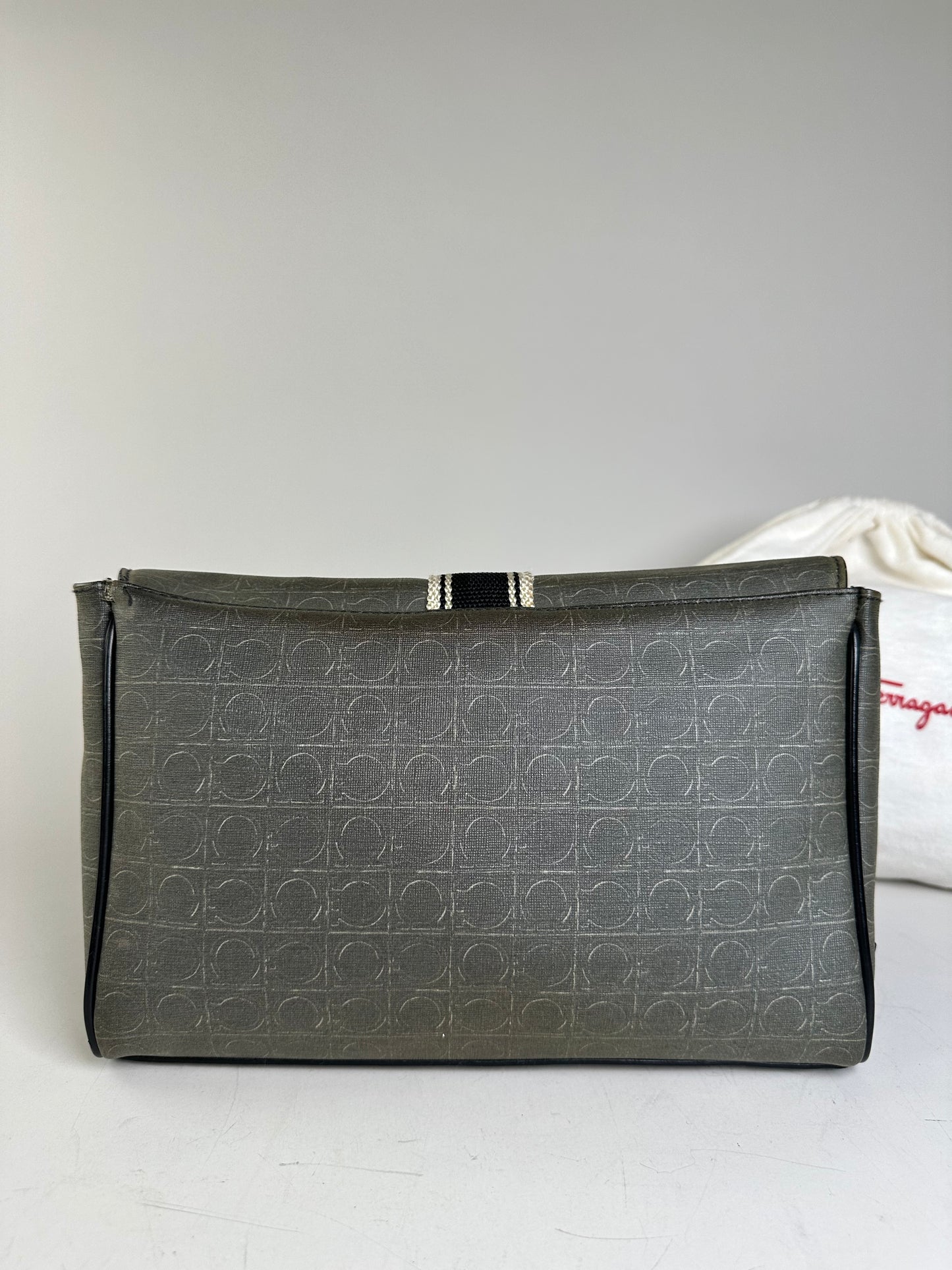 Vintage Ferragamo Monogram Canvas Clutch Bag Grey Black
