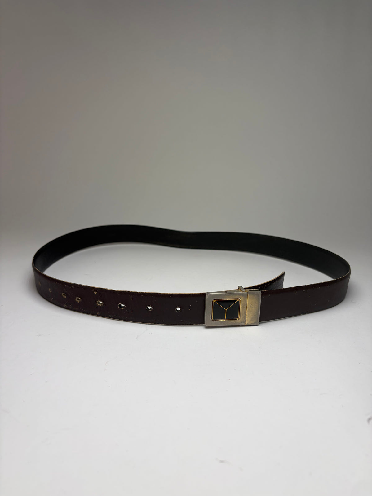 Vintage Yves Saint Laurent Leather Belt Geometric Buckle Late 1970s Dark Brown