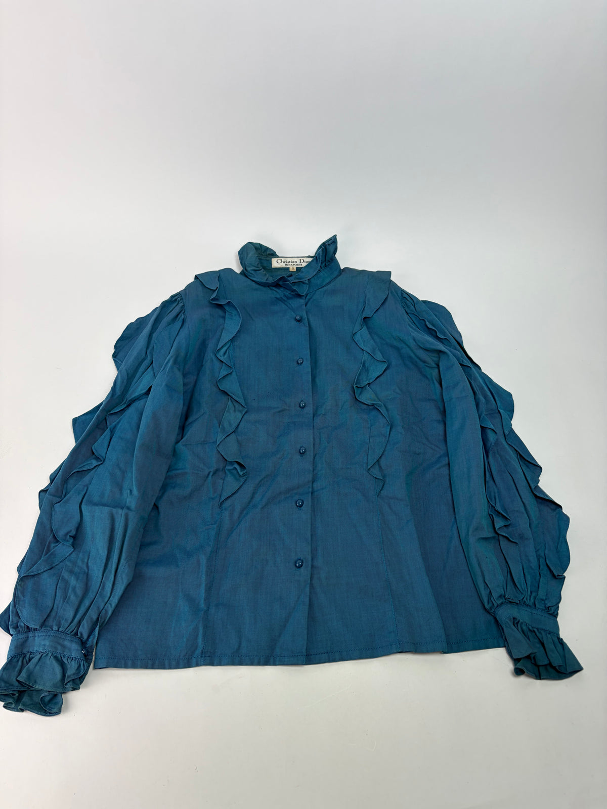 Vintage Dior Ruffled Silk Blouse c. Late 1970s Teal S