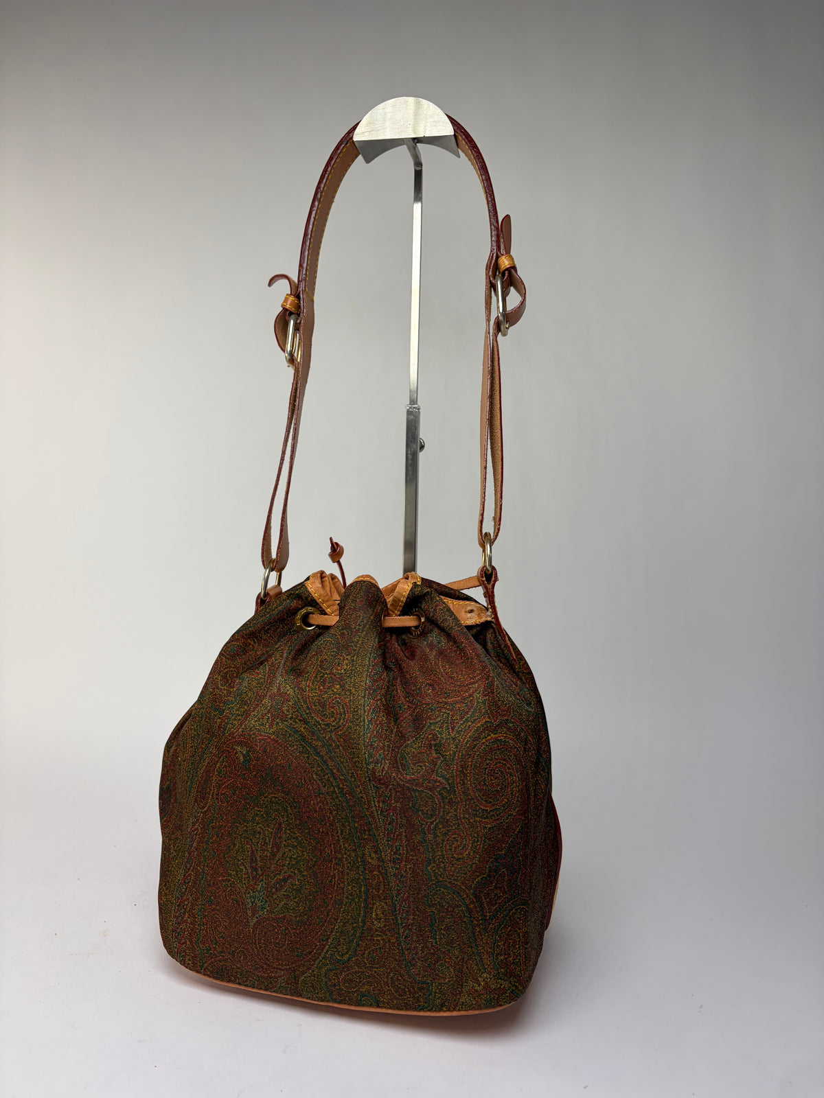 Vintage Etro Paisley Canvas Drawstring Bucket Bag Late 1980s Green Rust