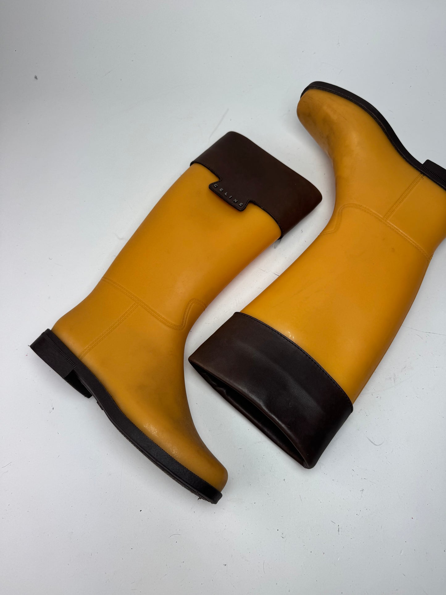 Vintage Celine Paris Rubber Leather Boots Yellow Brown EU38