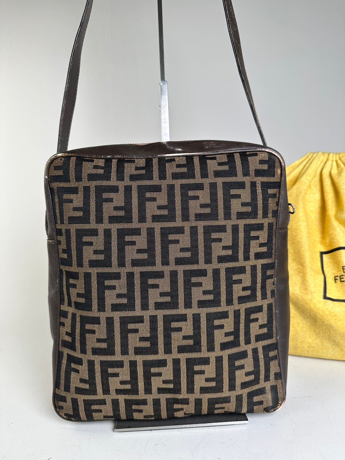 Vintage Fendi FF Monogram Canvas Shoulder Bag Brown Beige
