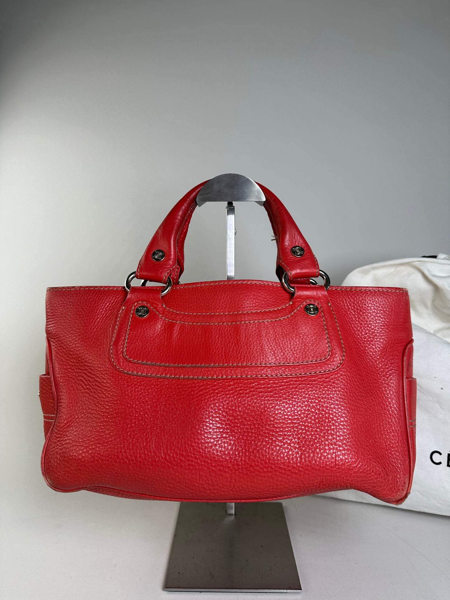 Vintage Celine Textured Leather Tote Red Silver