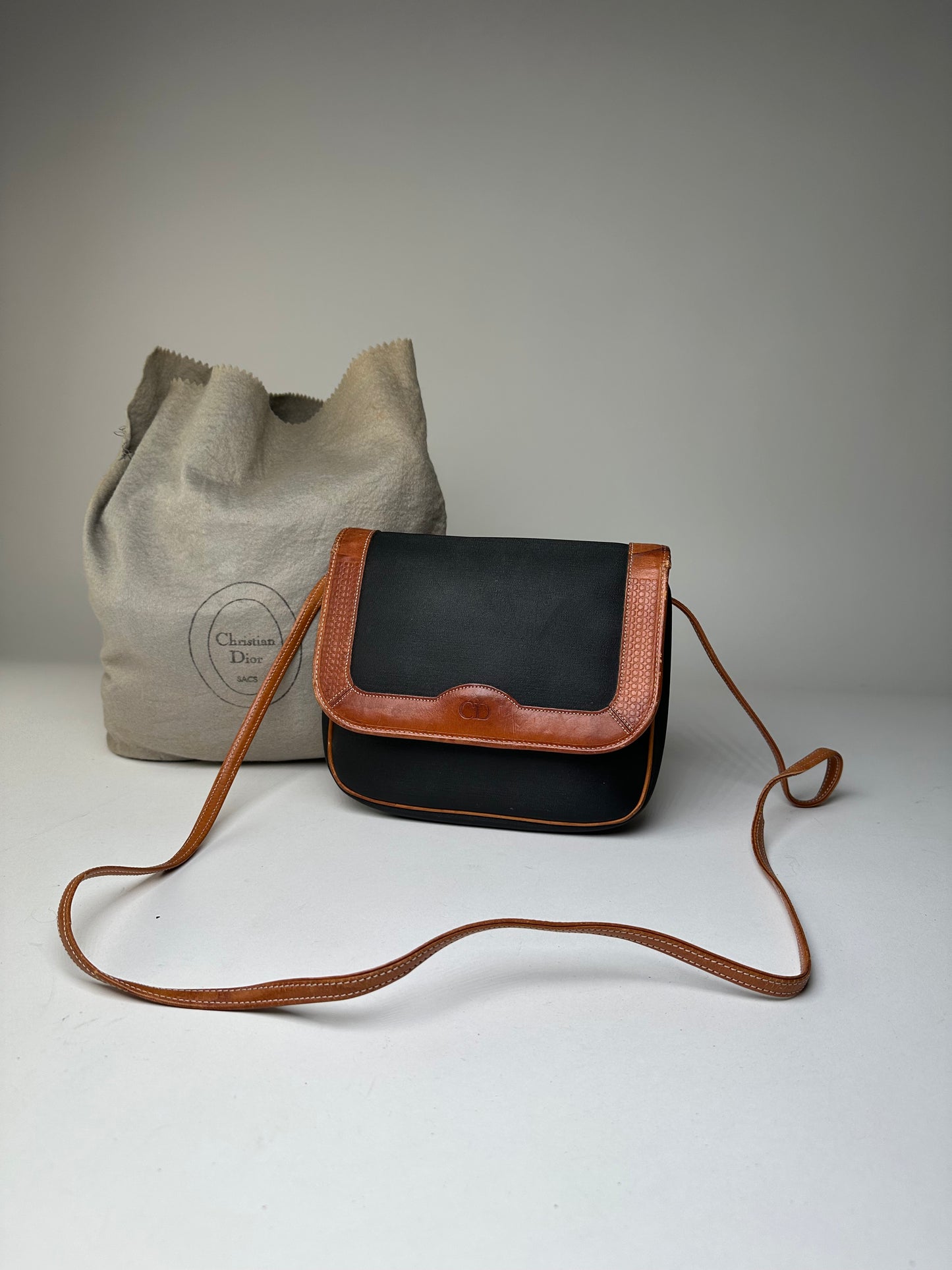 Vintage Dior Canvas Leather Shoulder Bag Black Tan