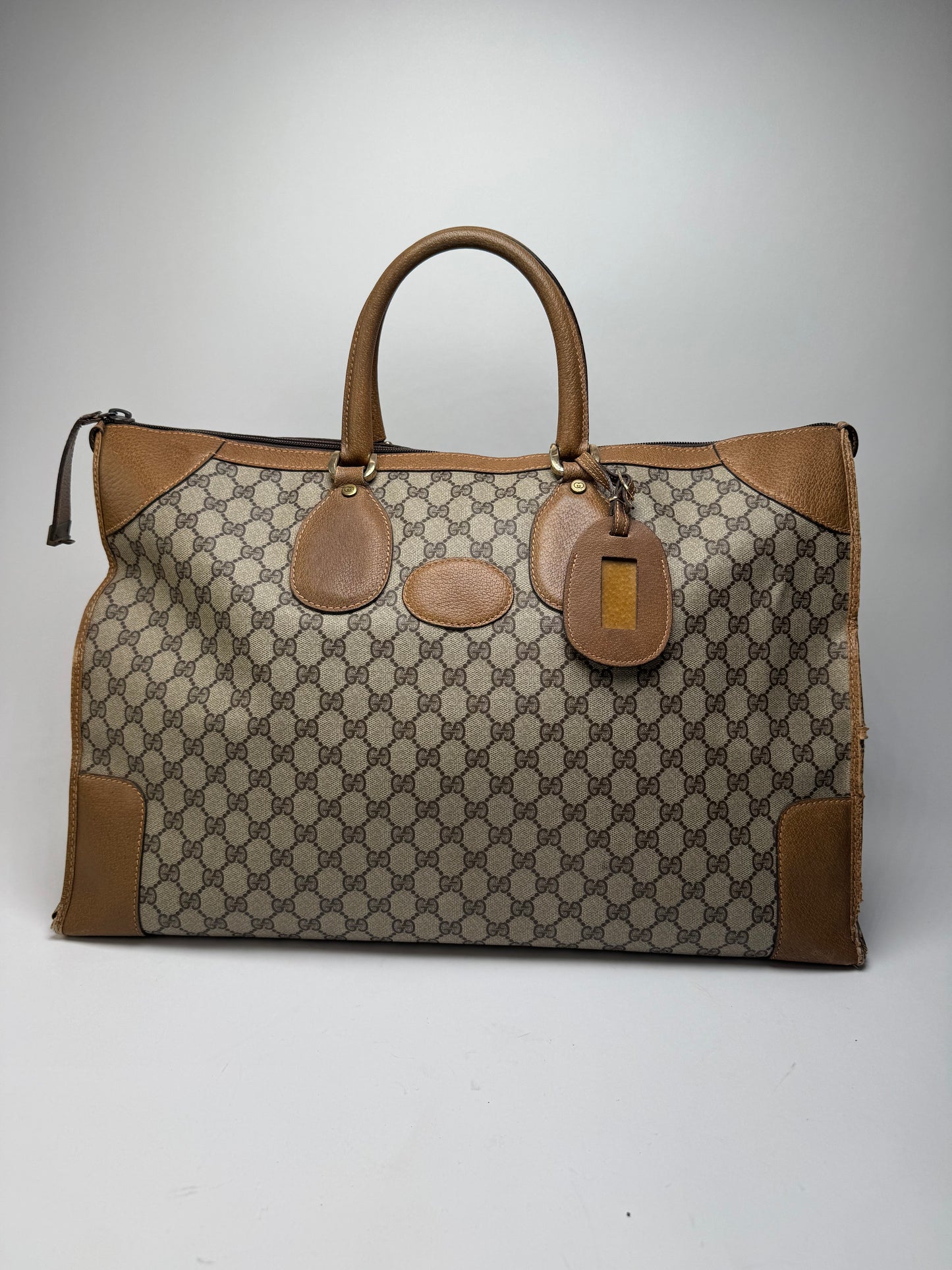 Vintage Gucci Monogram Leather Weekender Grey Brown