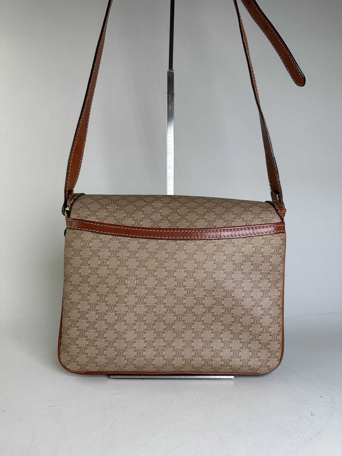 Vintage Celine Monogram Canvas Crossbody Bag Beige Brown Gold