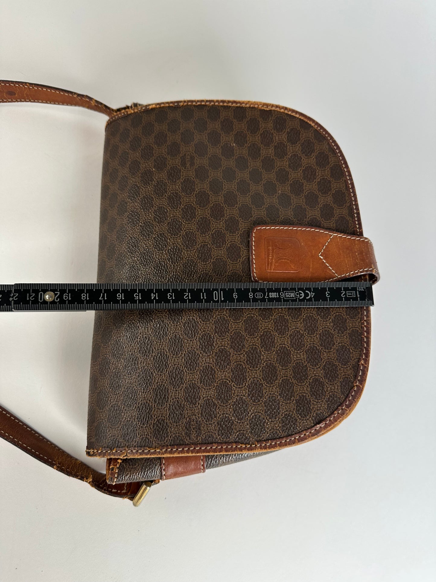 Vintage Celine Paris Triomphe Monogram Leather Shoulder Bag Brown