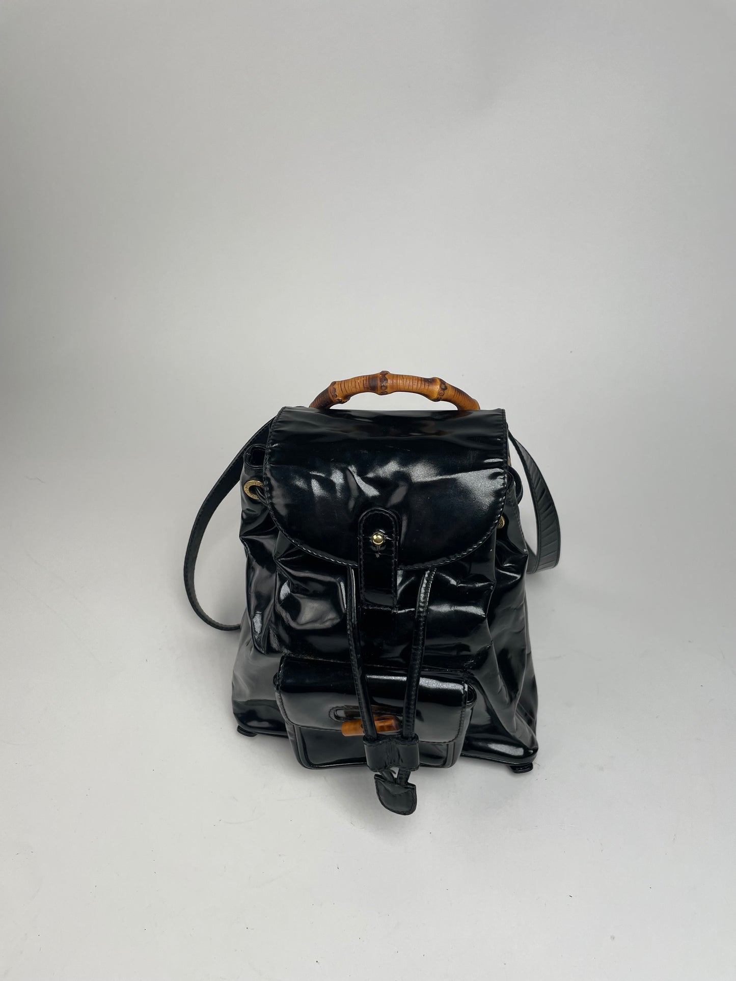 Vintage Gucci Bamboo Patent Leather Bagpack Black