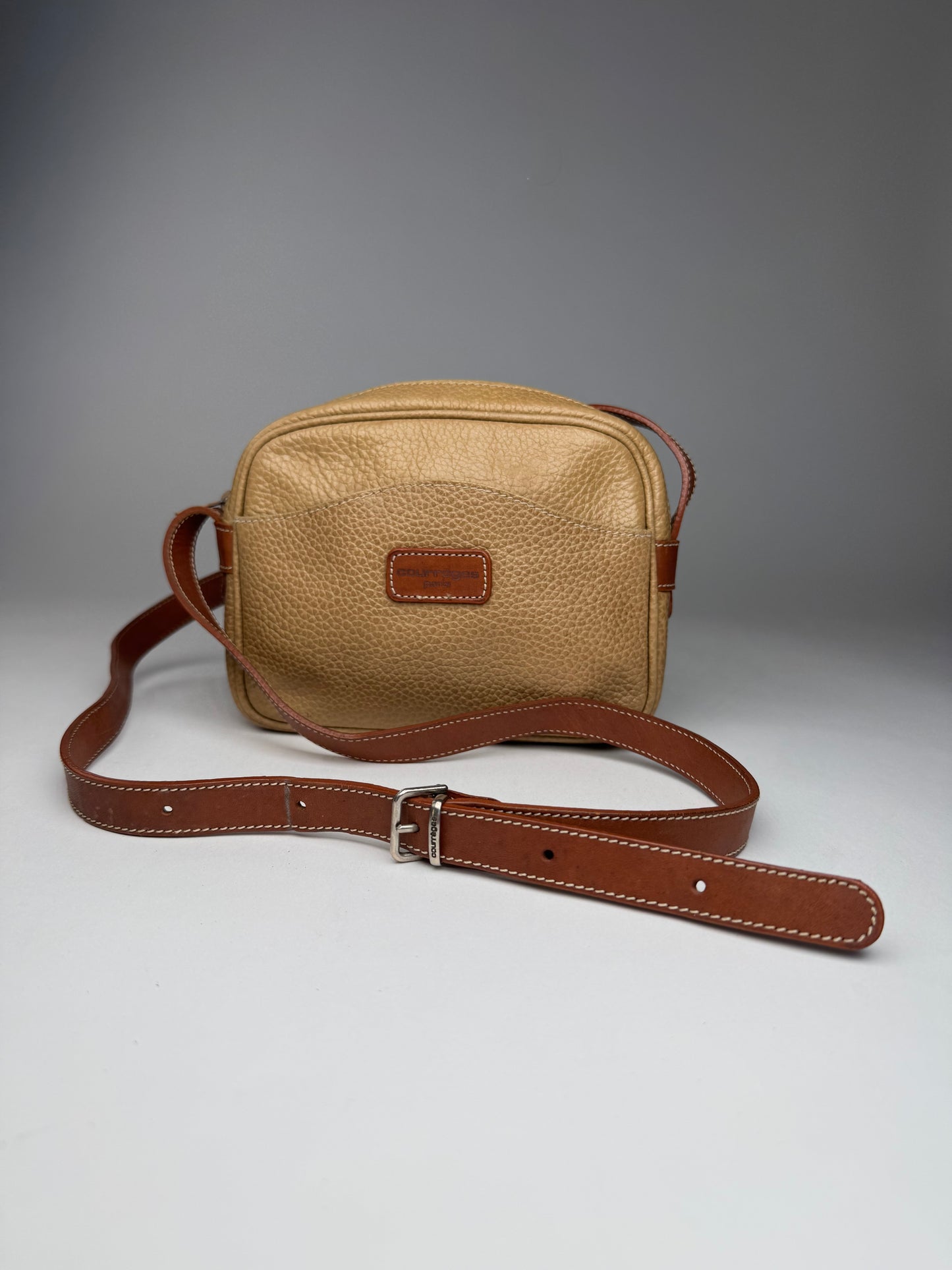 Vintage Courreges Paris Leather Crossbody Bag Beige Brown