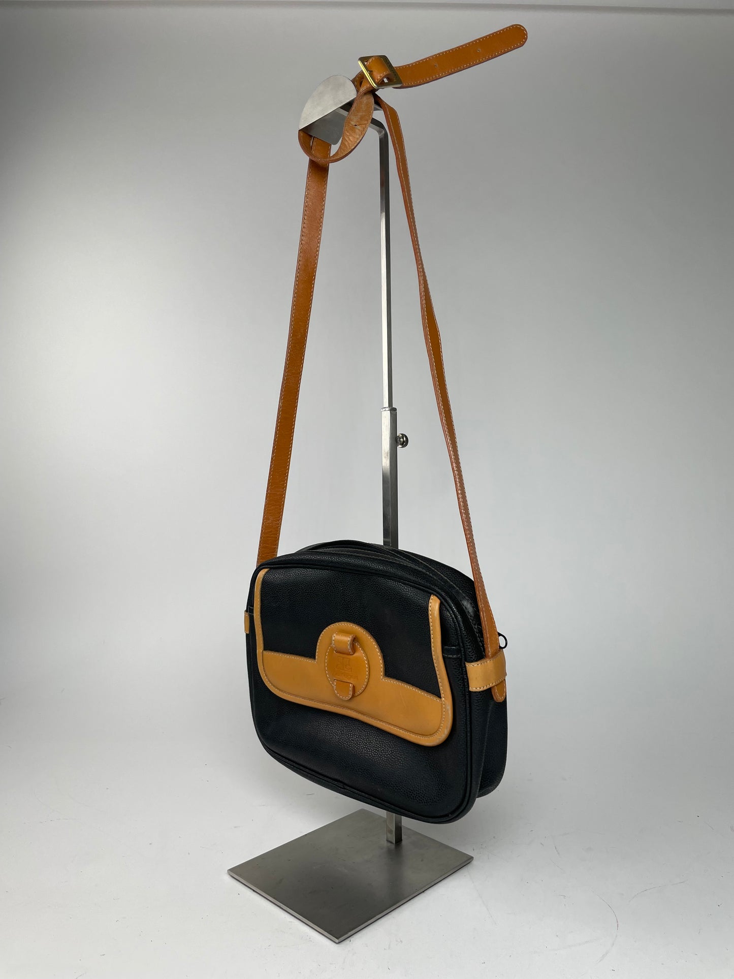 Vintage Courreges Paris Leather Crossbody Bag Black Brown