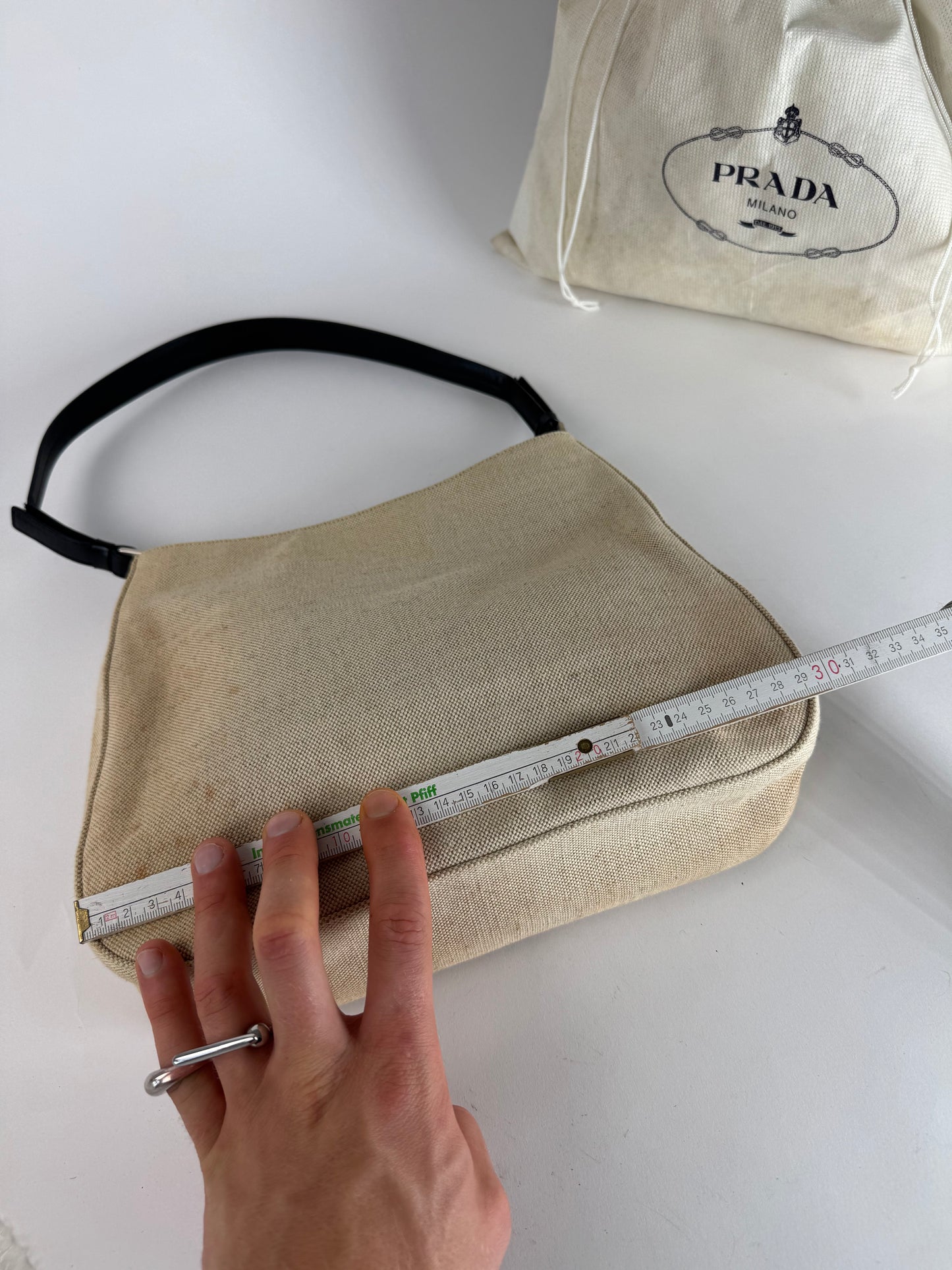 Vintage Prada Cleo Canvas Leather Bag Beige Black