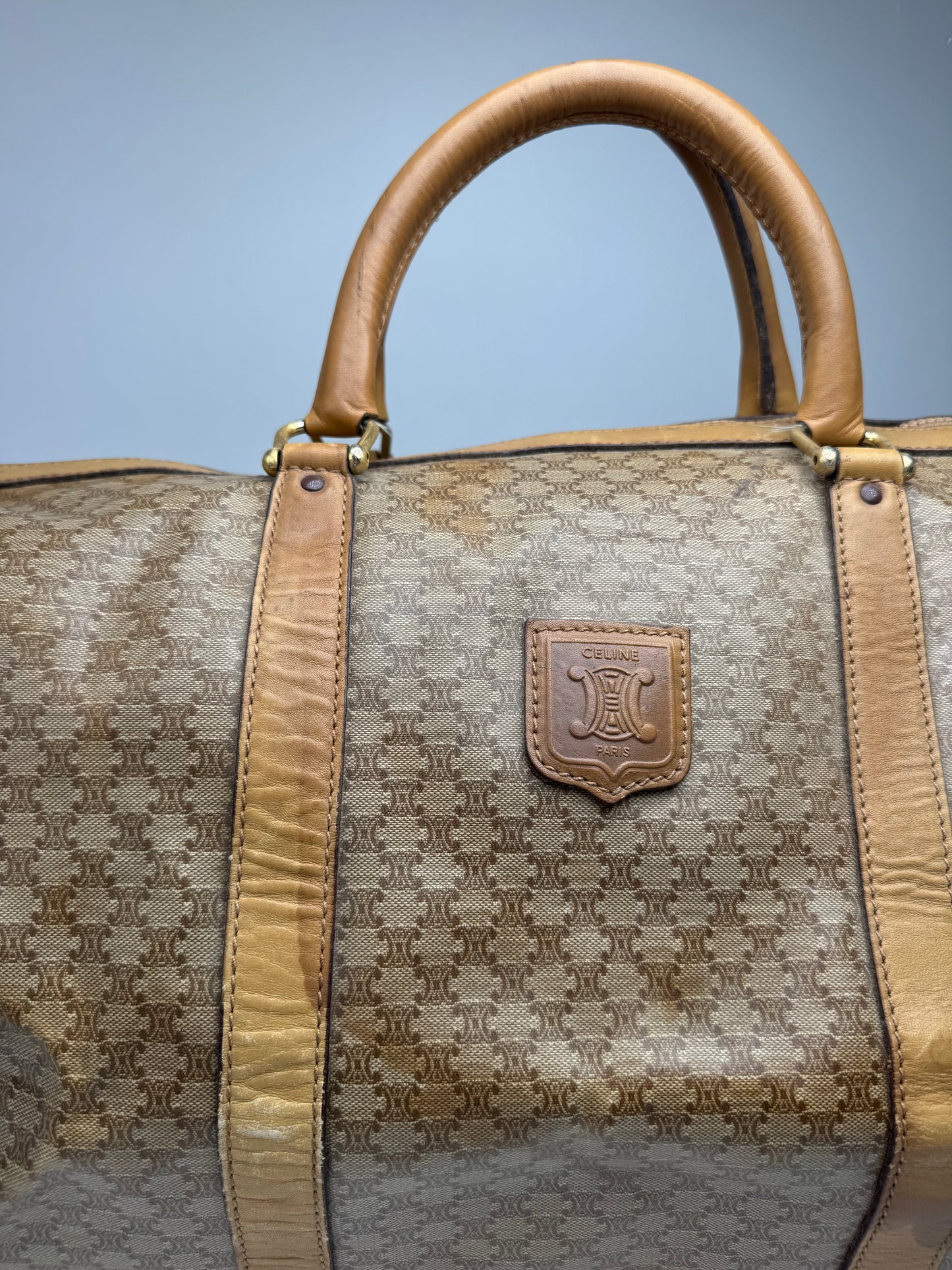 Vintage Celine Paris Triomphe Leather Monogram Duffel Bag bag gold brown