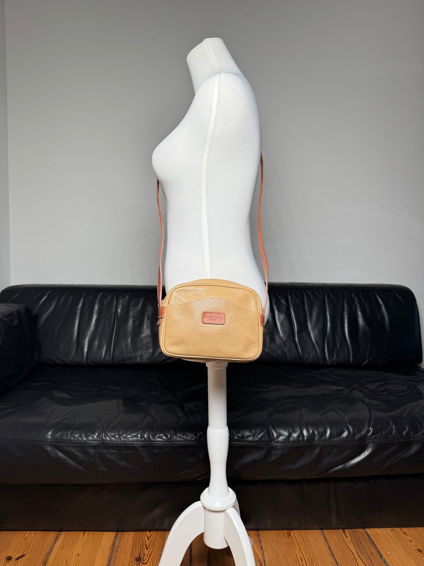 Vintage Courreges Paris Leather Crossbody Bag Beige Brown