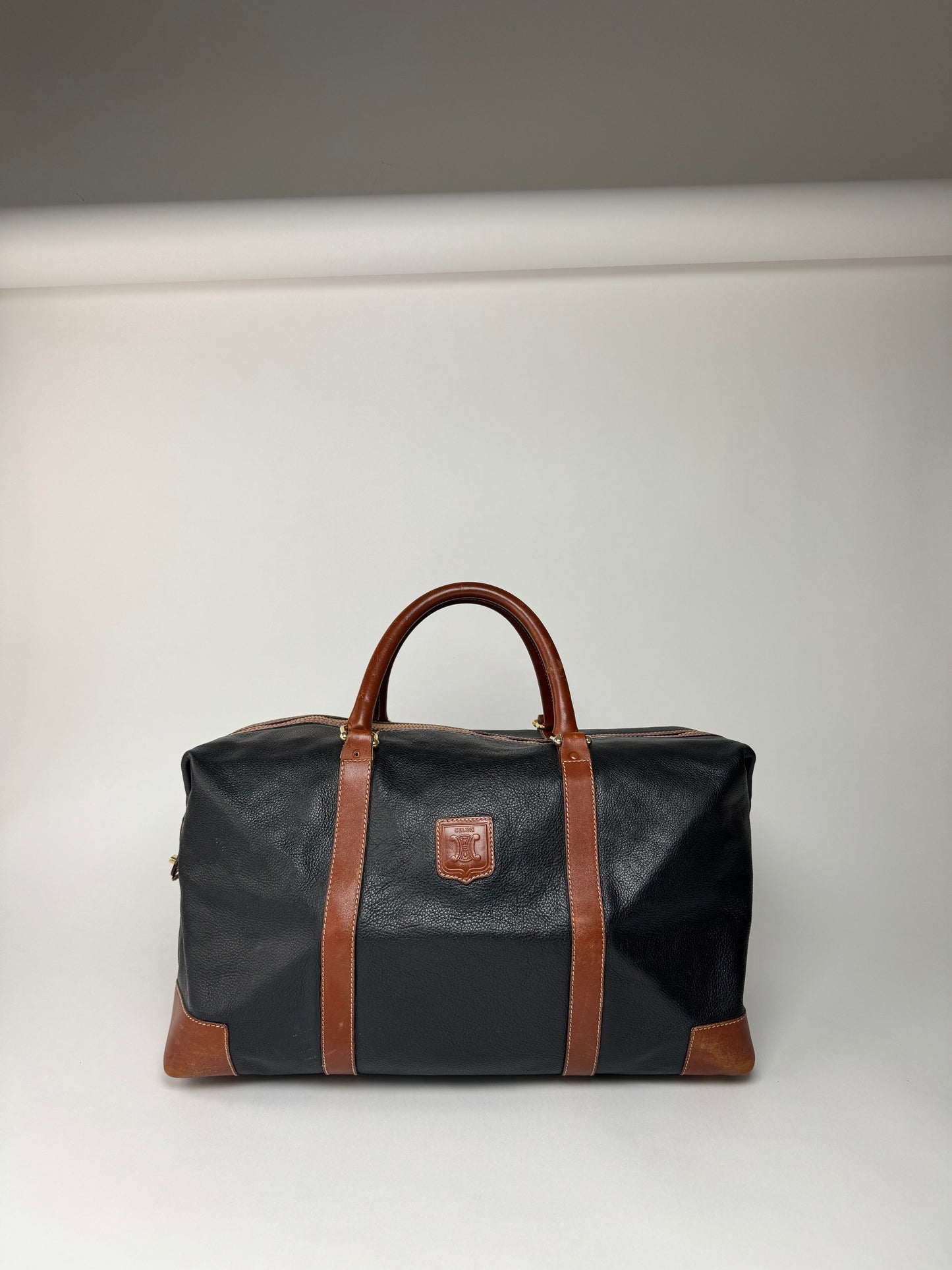 Vintage Celine Paris Triomphe Weekender Travel Bag Black Brown