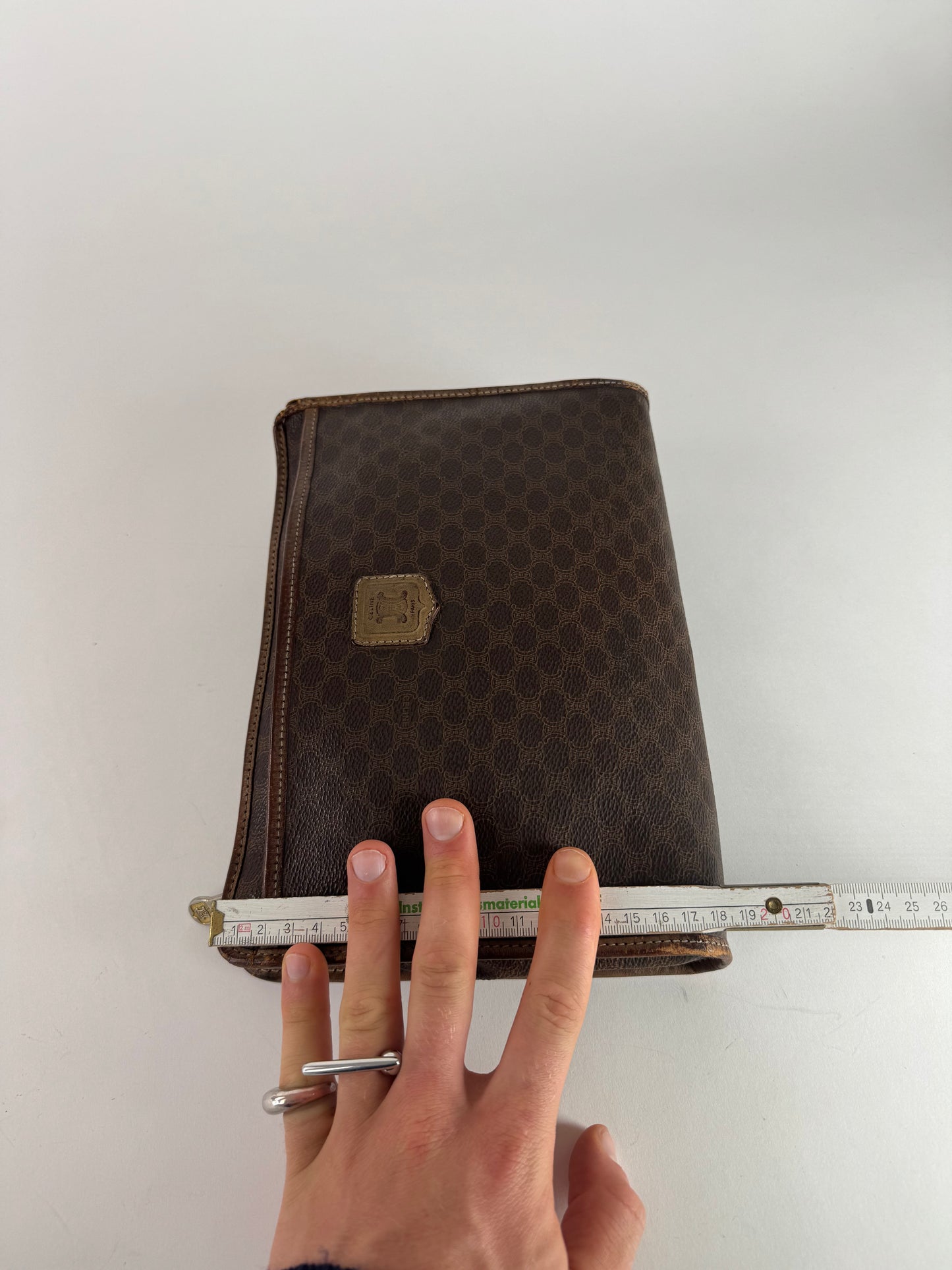 Vintage Celine Paris Triomphe Monogram Leather Clutch Brown