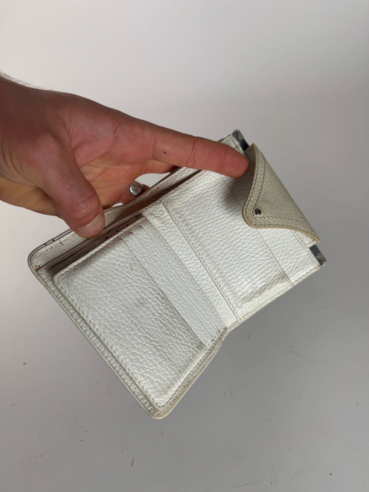 Vintage Celine Paris Denim Leather Monogram wallet white blue