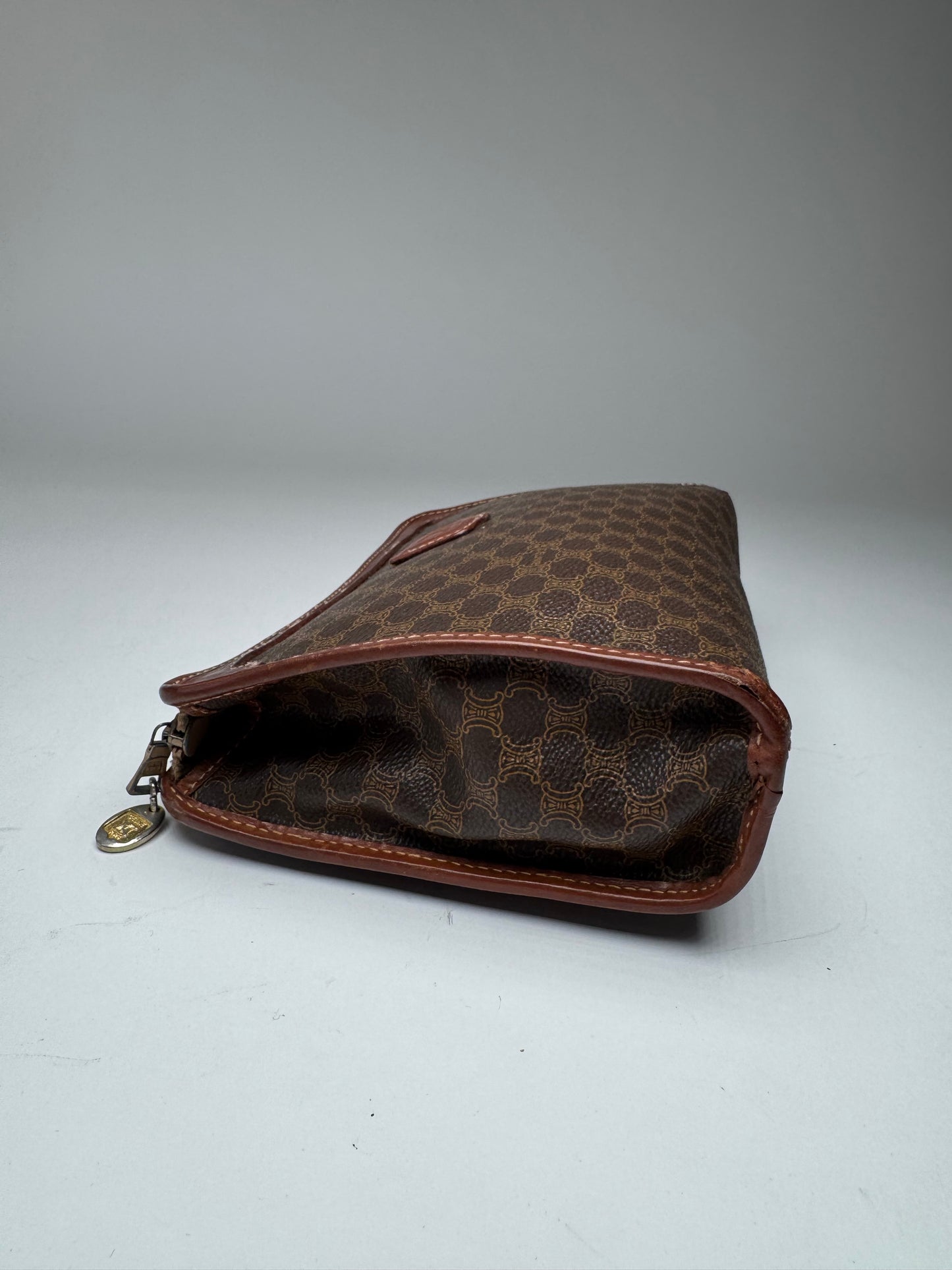 Vintage Celine Paris Triomphe Leather monogram Clutch Brown