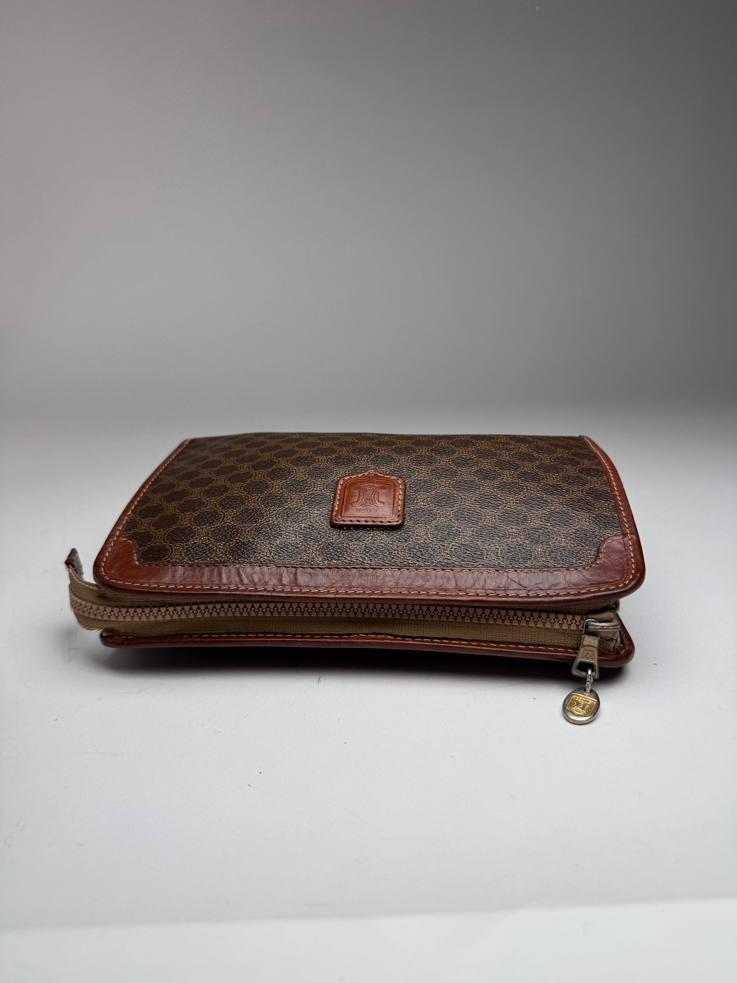 Vintage Celine Paris Triomphe Leather monogram Clutch Brown