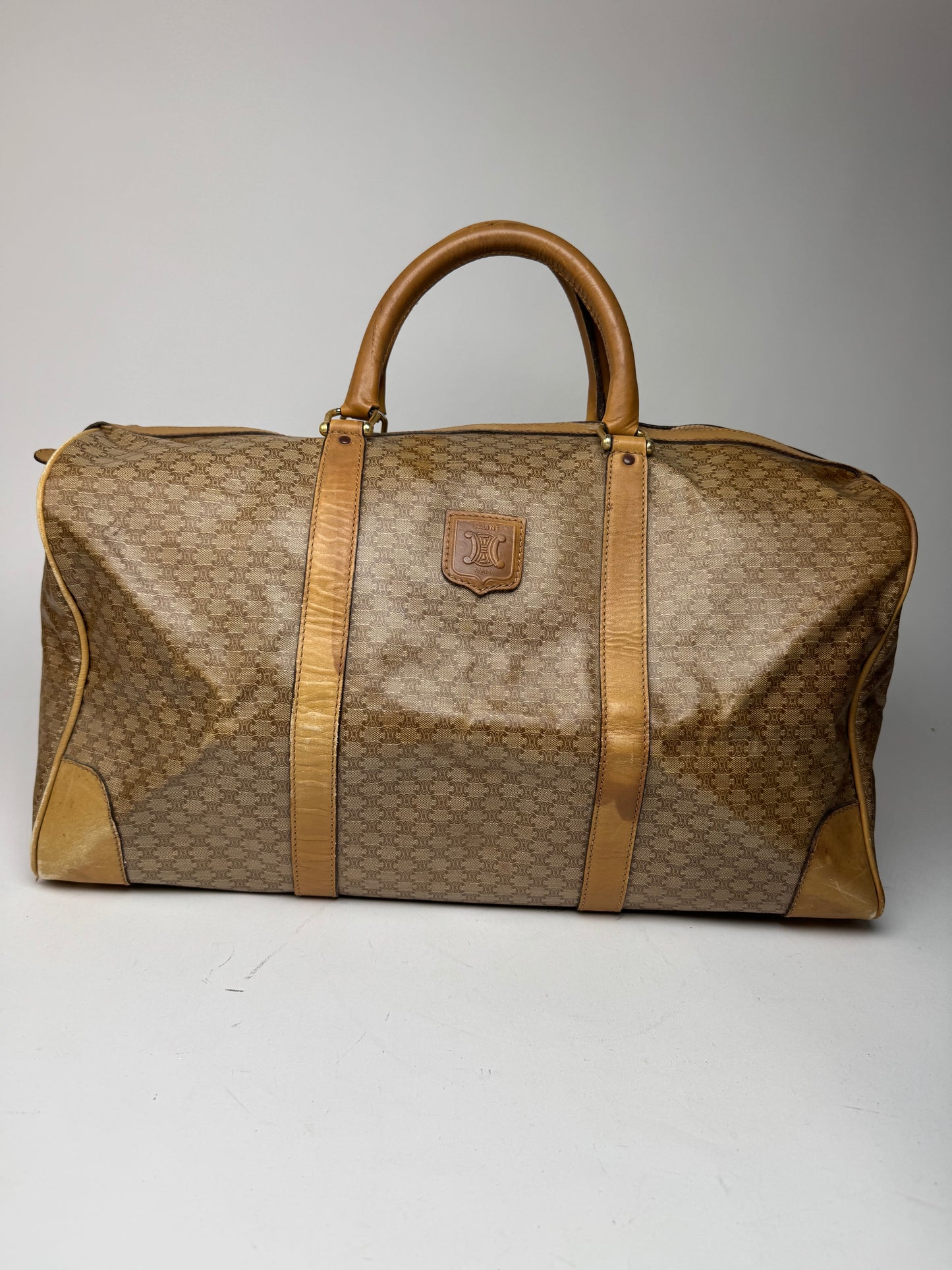 Vintage Celine Paris Triomphe Leather Monogram Duffel Bag bag gold brown