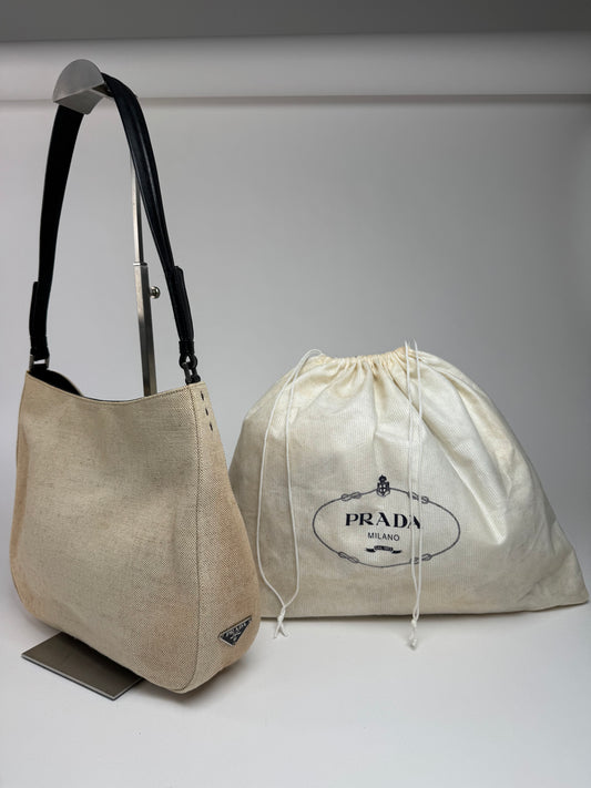 Vintage Prada Cleo Canvas Leather Bag Beige Black