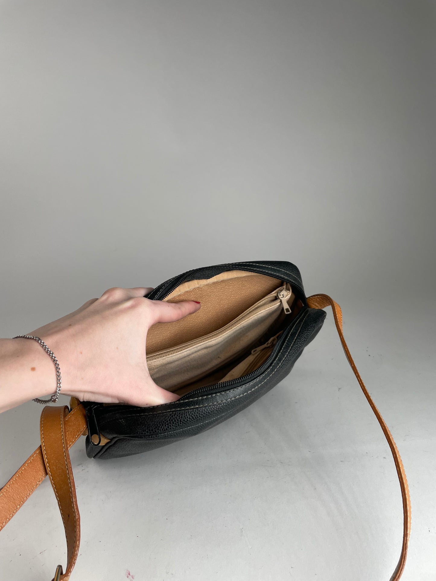 Vintage Courreges Paris Leather Crossbody Bag Black Brown