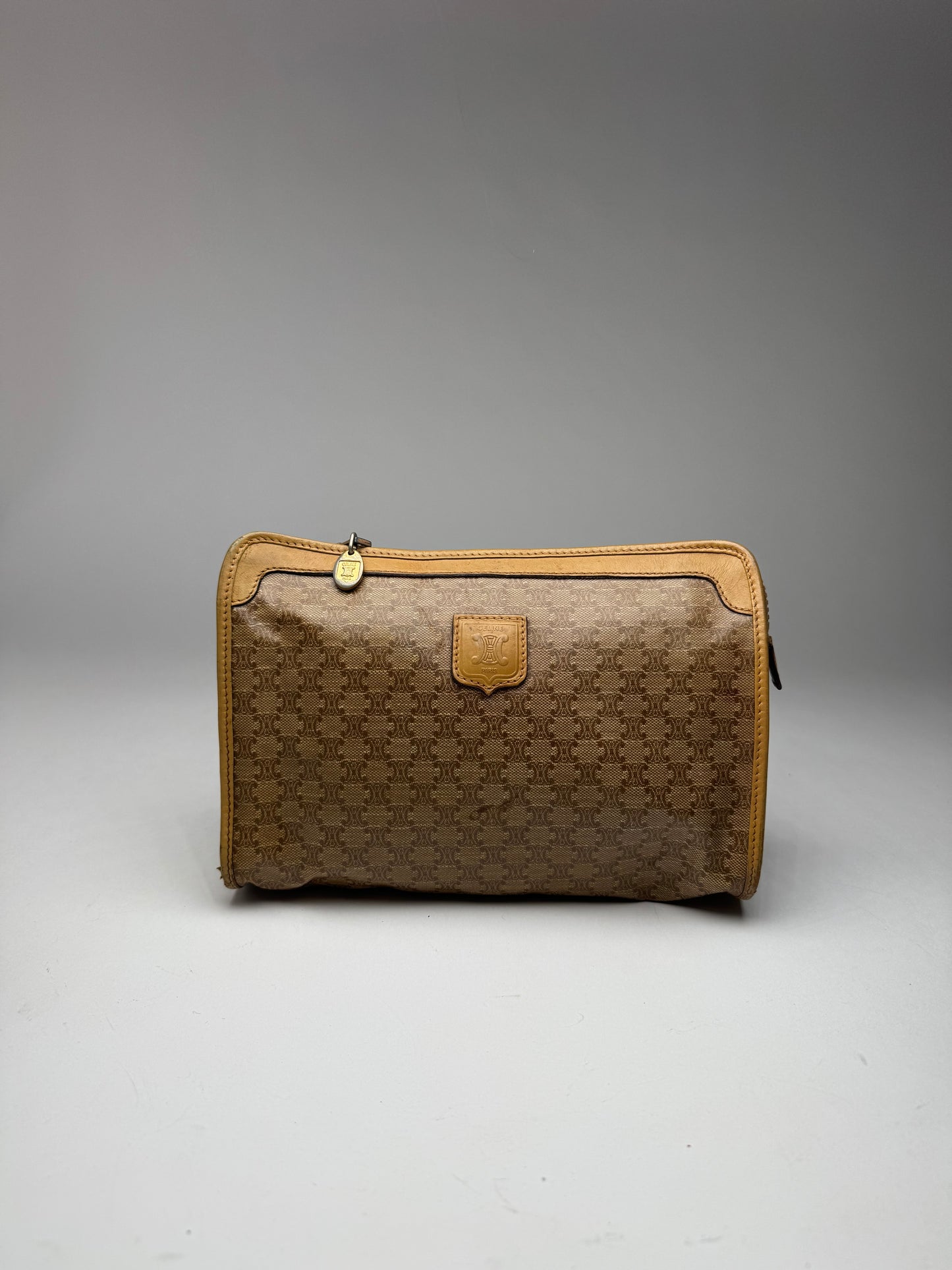 Vintage Celine Paris Leather Monogram Clutch Beige Brown