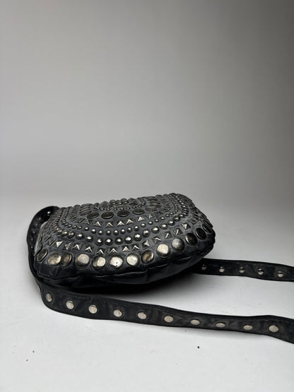 Vintage Pleated Leather Crossbody Bag Black