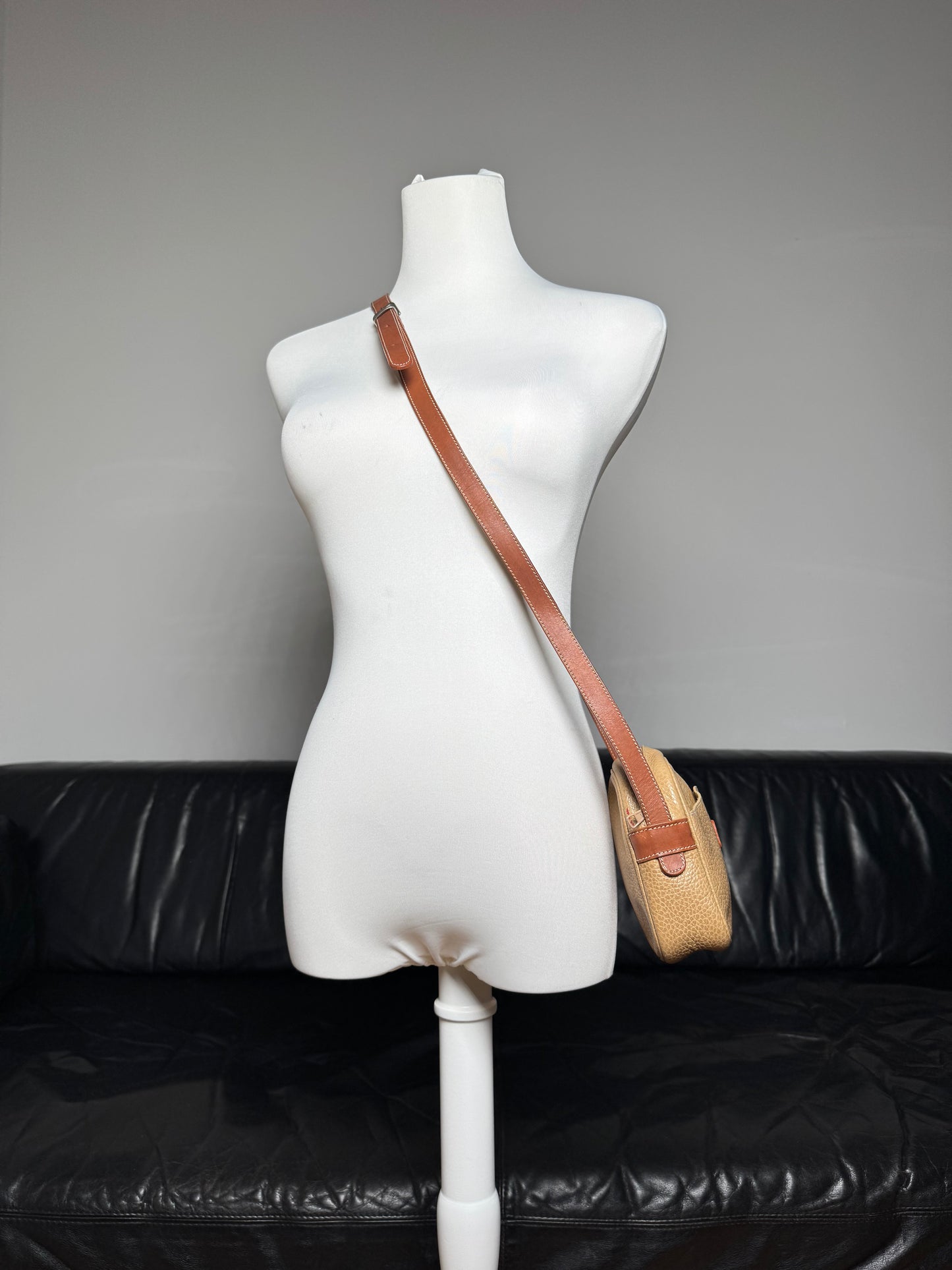Vintage Courreges Paris Leather Crossbody Bag Beige Brown