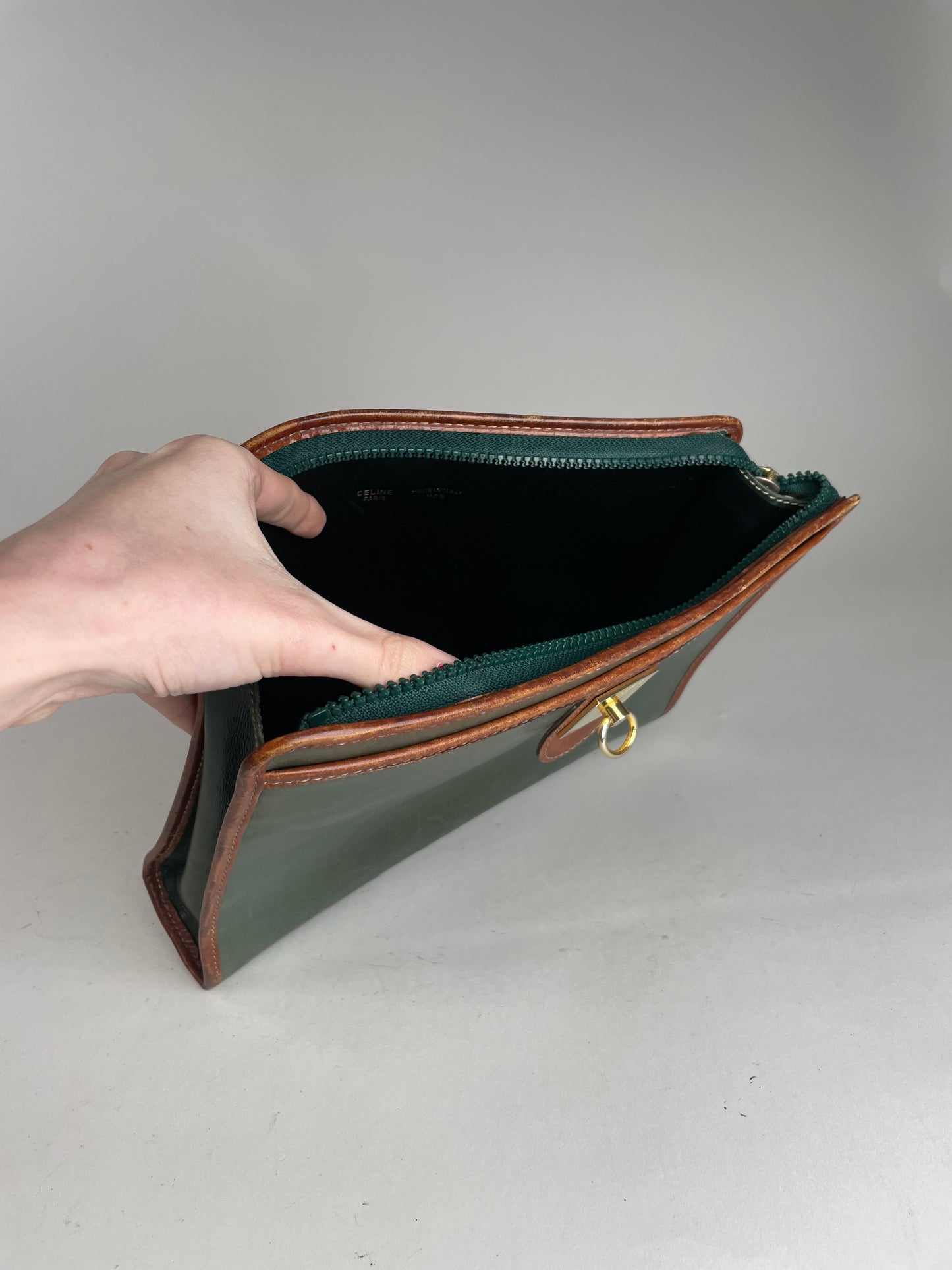 Vintage Celine Paris Triomphe Leather Clutch Green