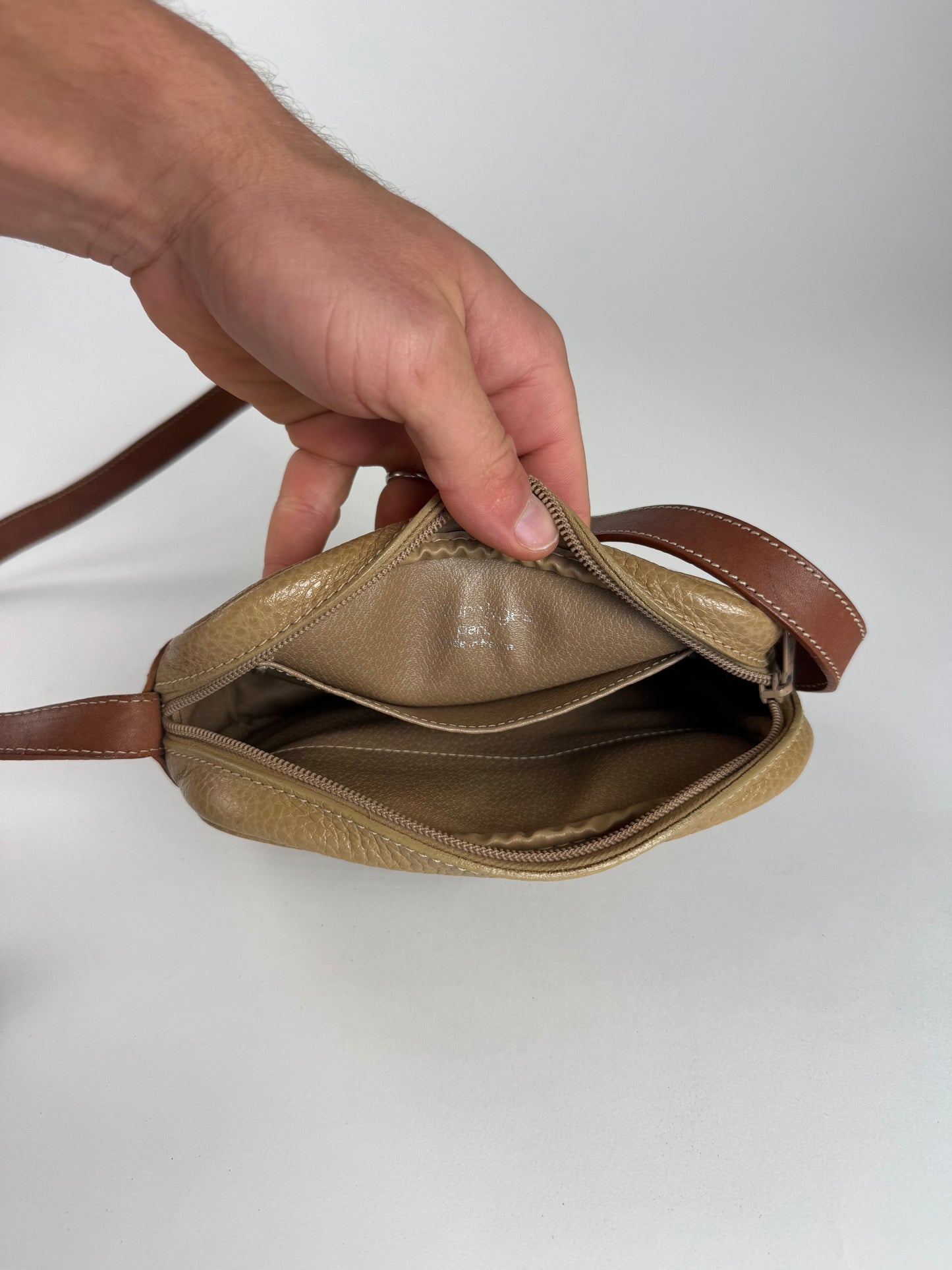 Vintage Courreges Paris Leather Crossbody Bag Beige Brown