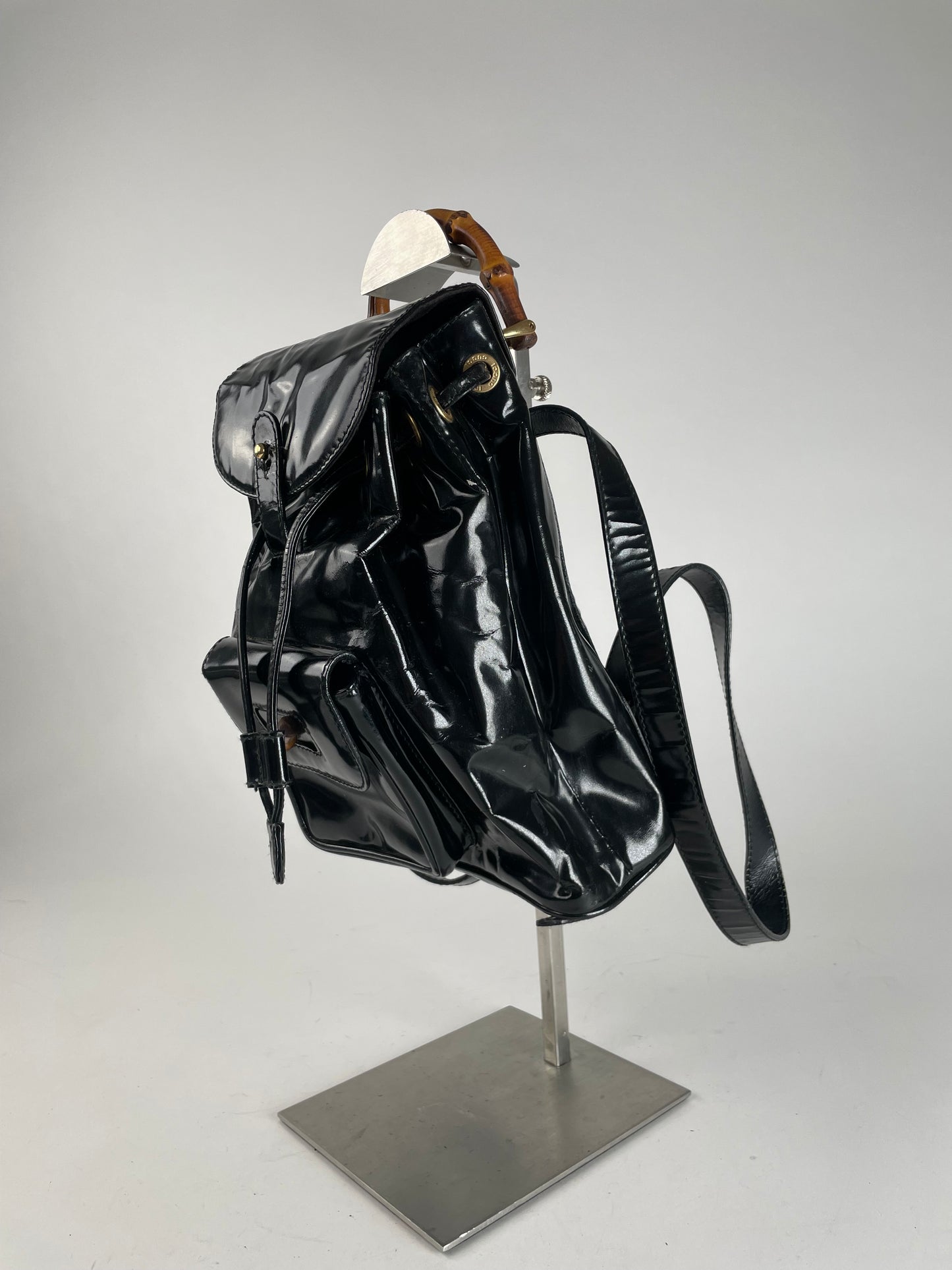 Vintage Gucci Bamboo Patent Leather Bagpack Black