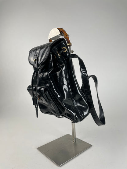 Vintage Gucci Bamboo Patent Leather Bagpack Black