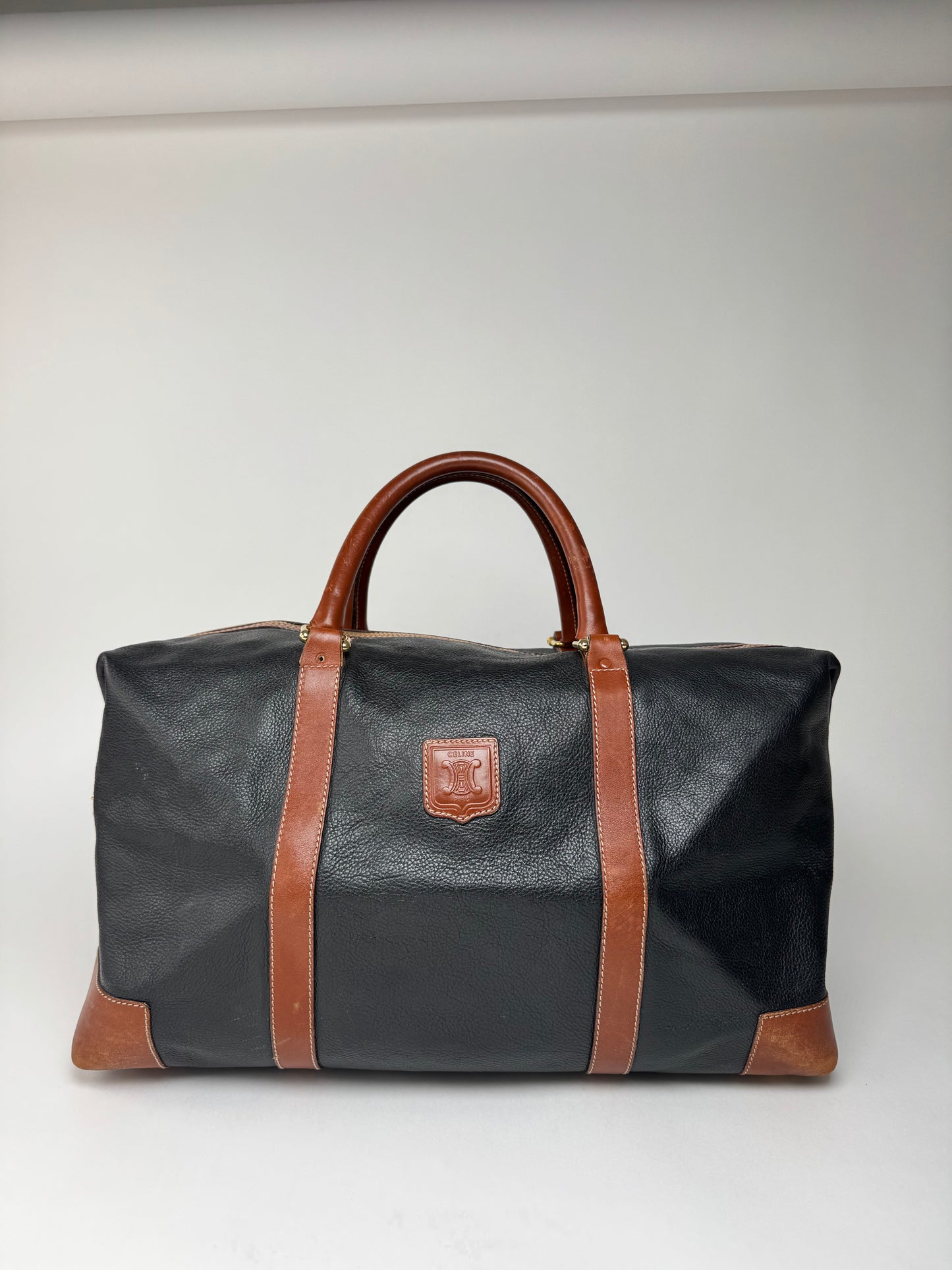 Vintage Celine Paris Triomphe Weekender Travel Bag Black Brown