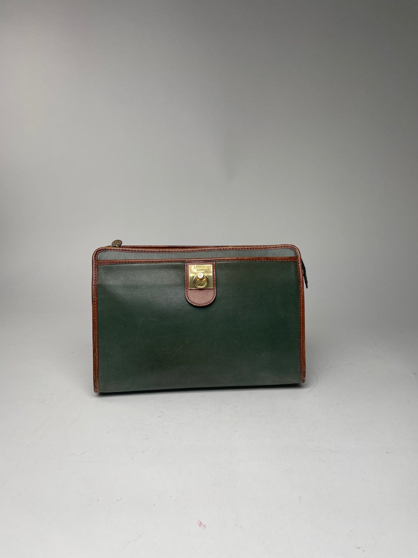 Vintage Celine Paris Triomphe Leather Clutch Green