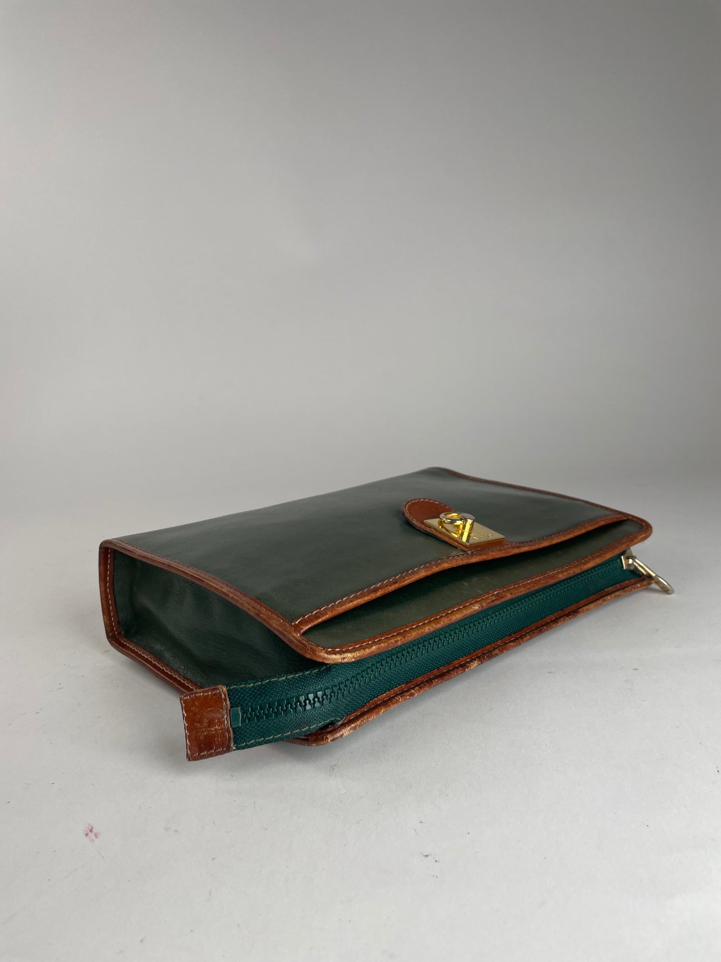 Vintage Celine Paris Triomphe Leather Clutch Green